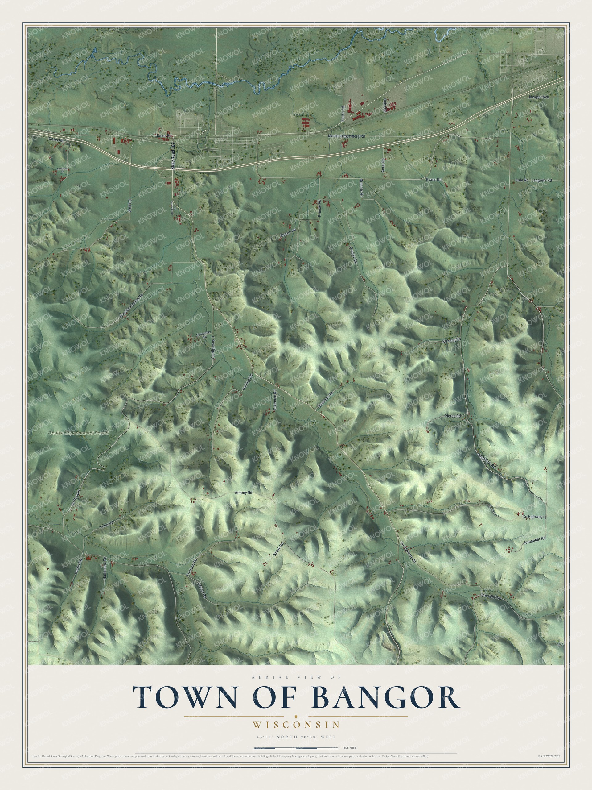Full map of Bangor, Wisconsin, with red buildings, printed street names and the land around them