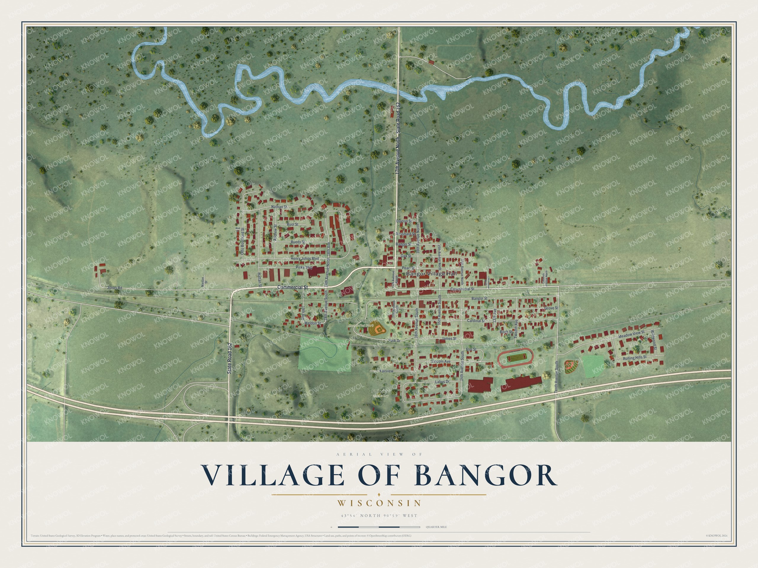 Full map of Bangor, Wisconsin, with red buildings, printed street names and the land around them