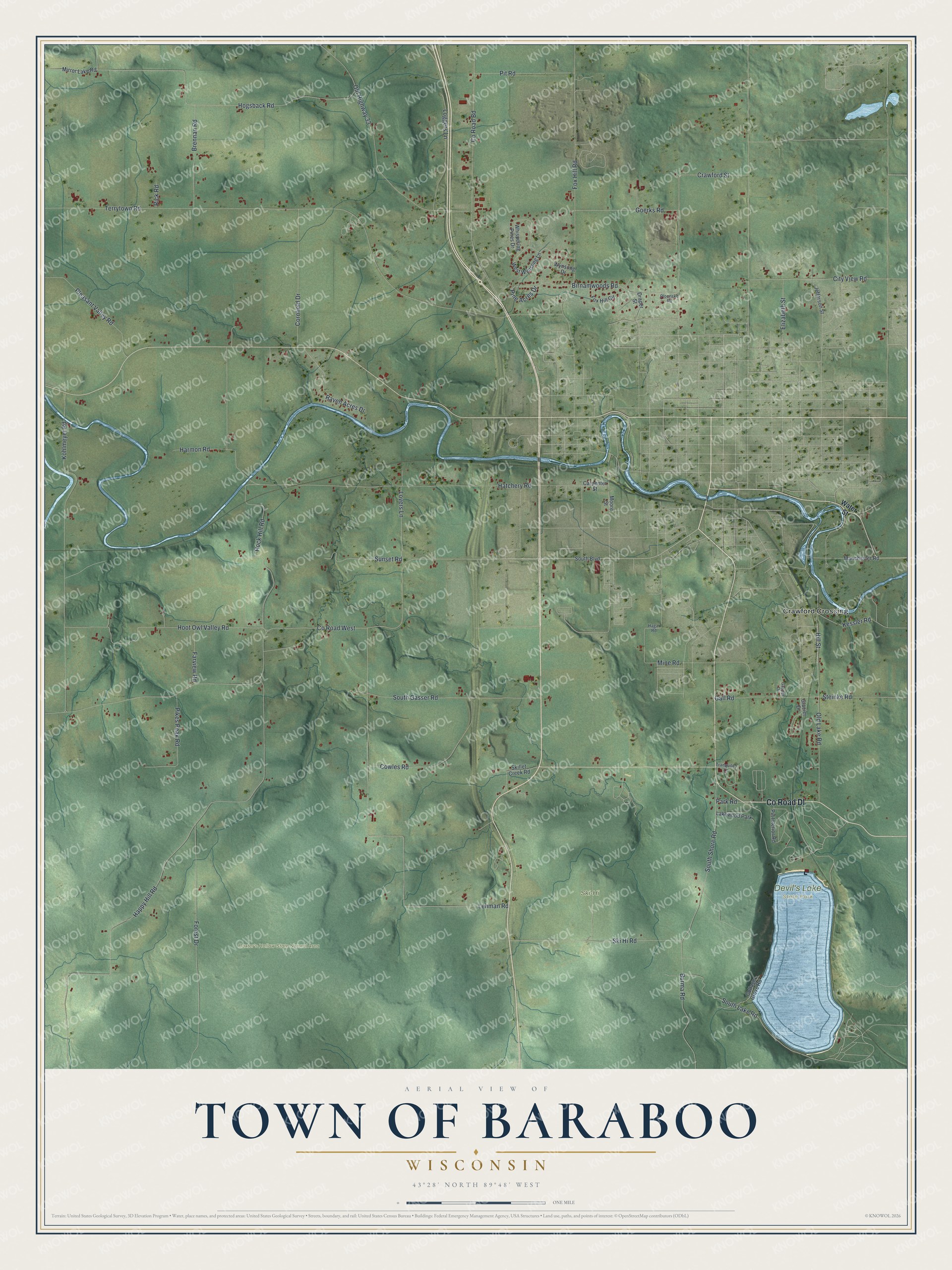 Full map of Baraboo, Wisconsin, with red buildings, printed street names and the land around them