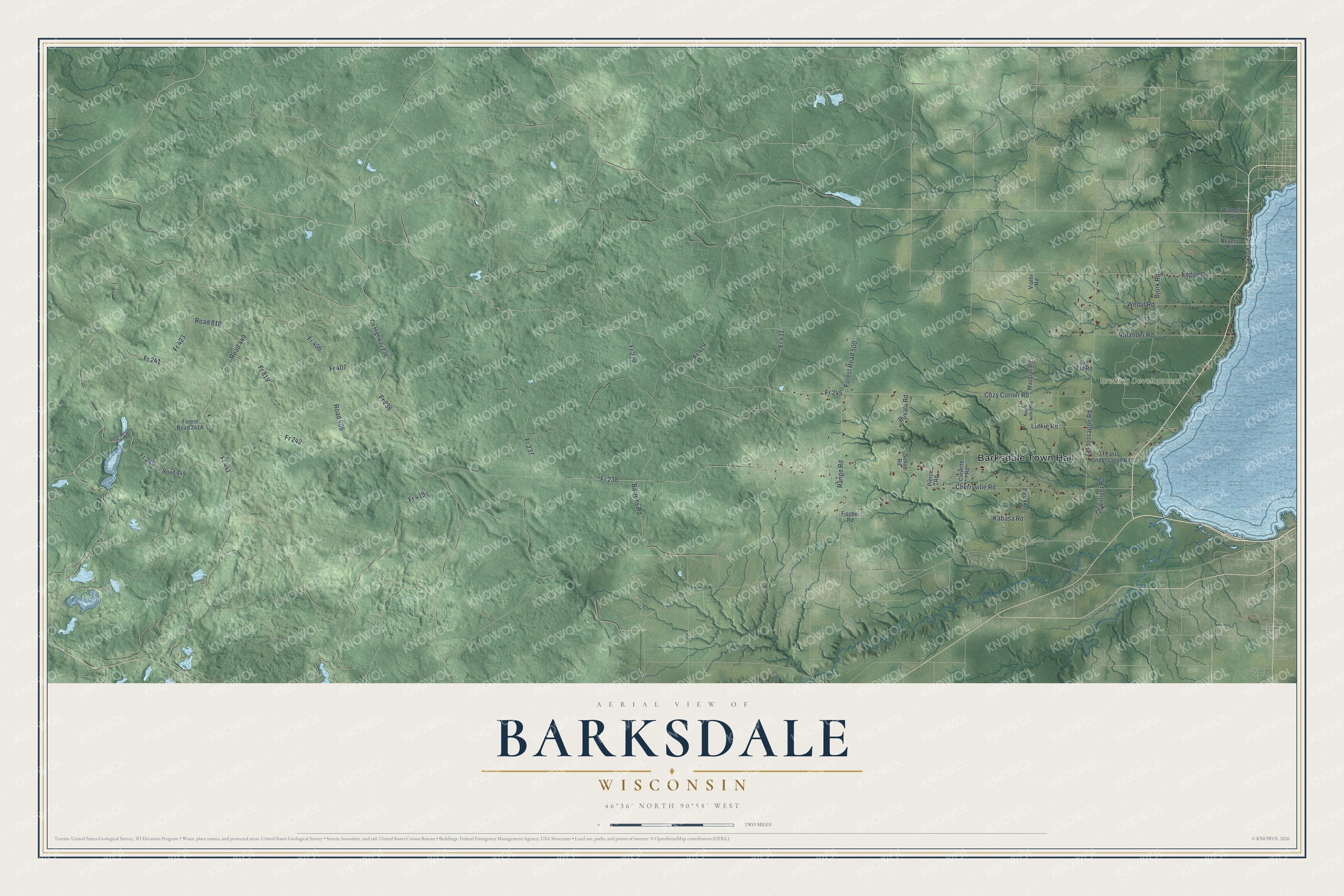 Full map of Barksdale, Wisconsin, with red buildings, printed street names and the land around them
