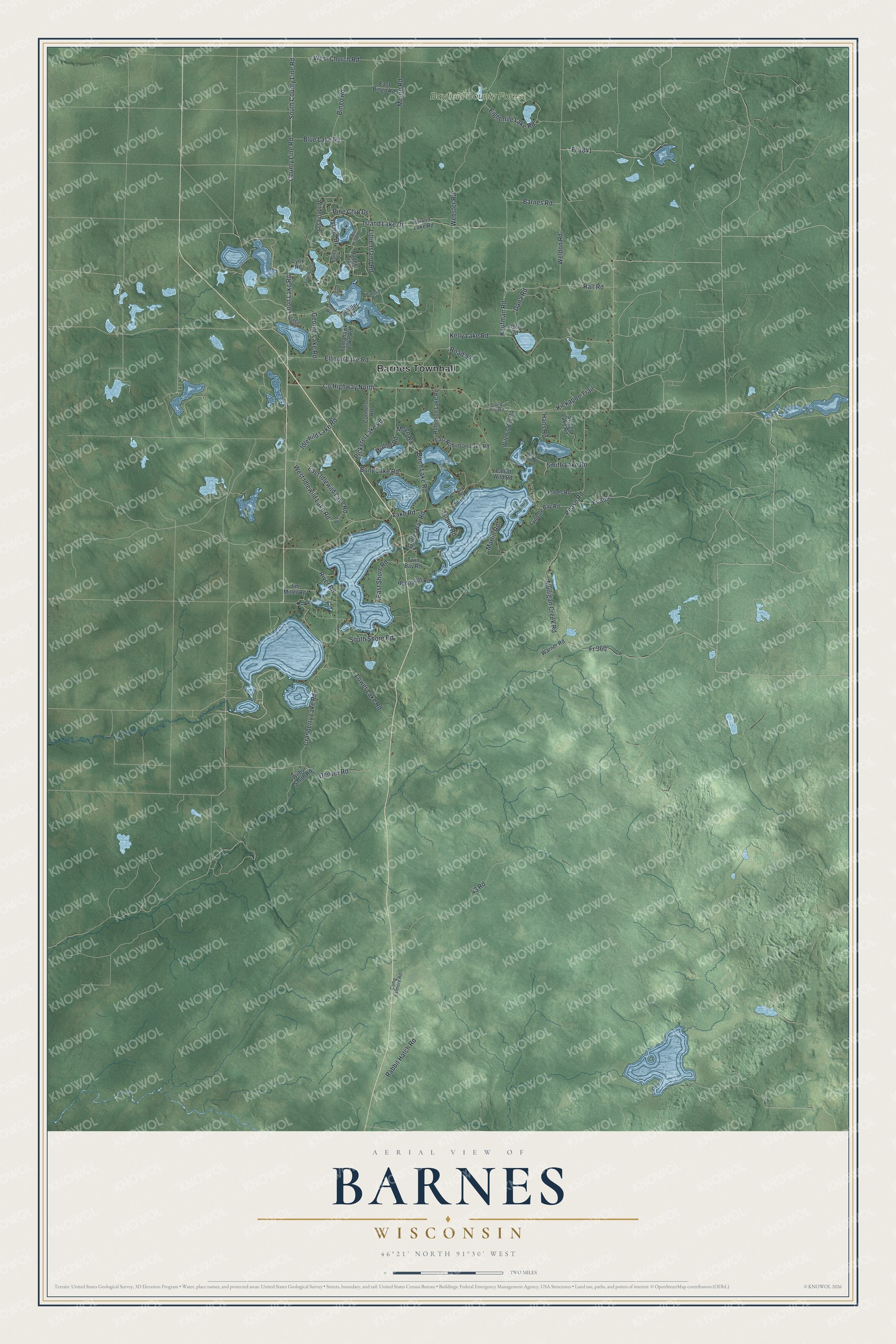 Full map of Barnes, Wisconsin, with red buildings, printed street names and the land around them