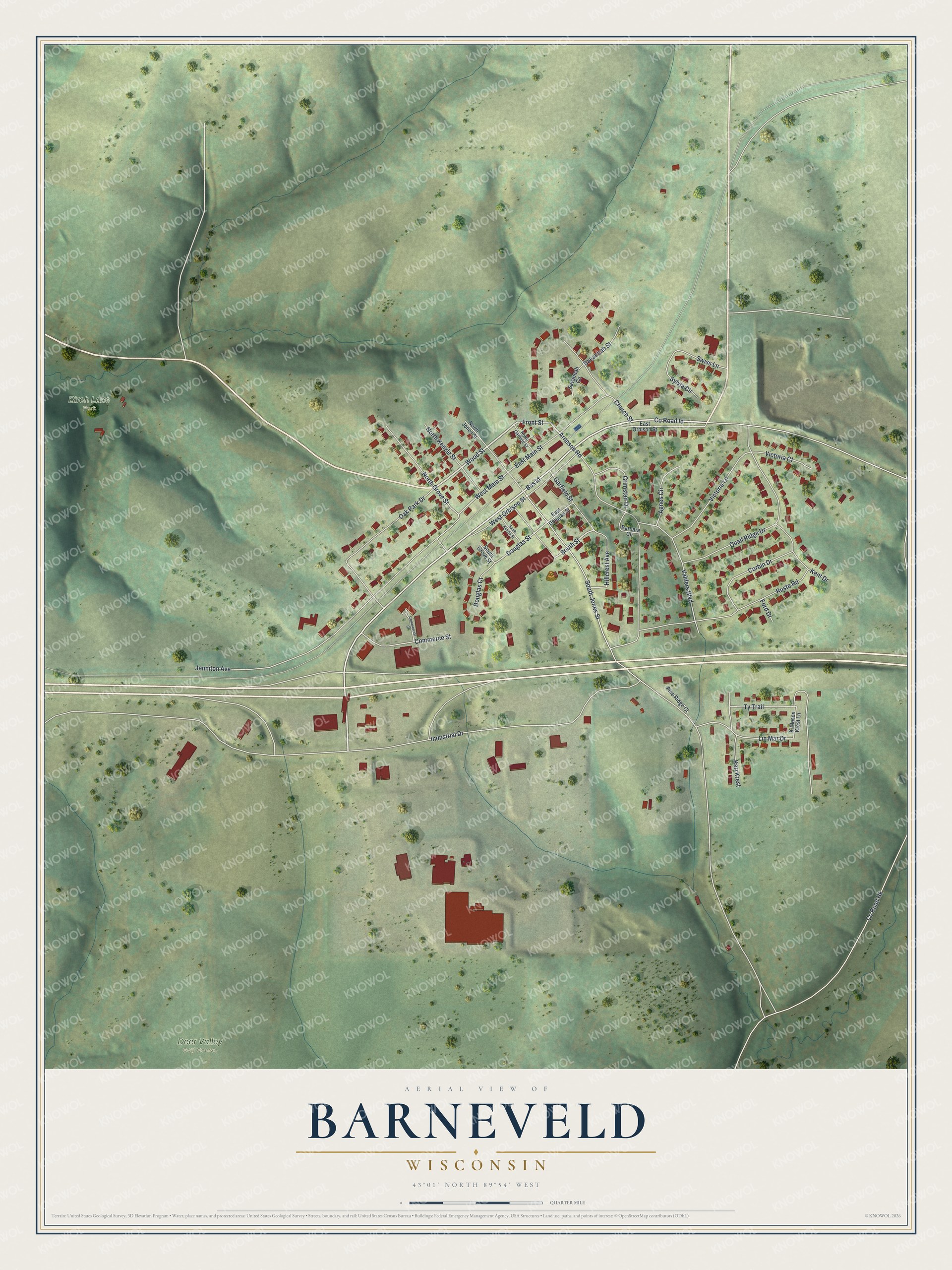 Full map of Barneveld, Wisconsin, with red buildings, printed street names and the land around them