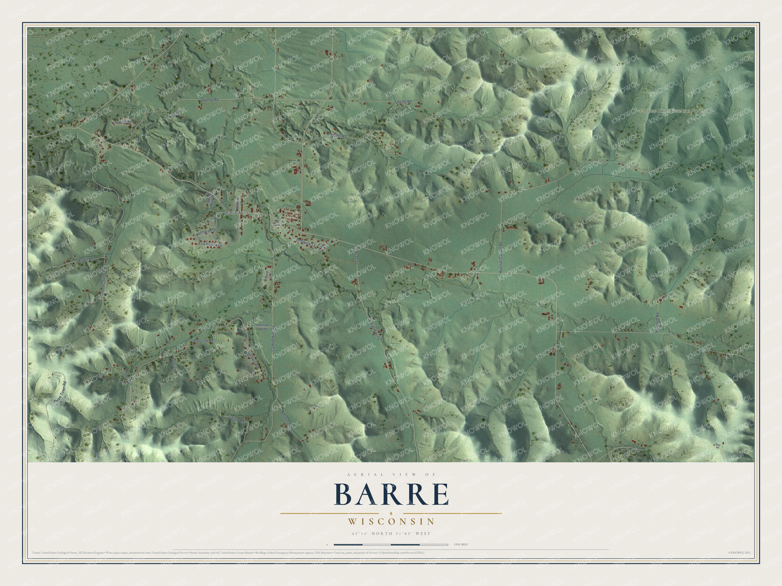 Full map of Barre, Wisconsin, with red buildings, printed street names and the land around them