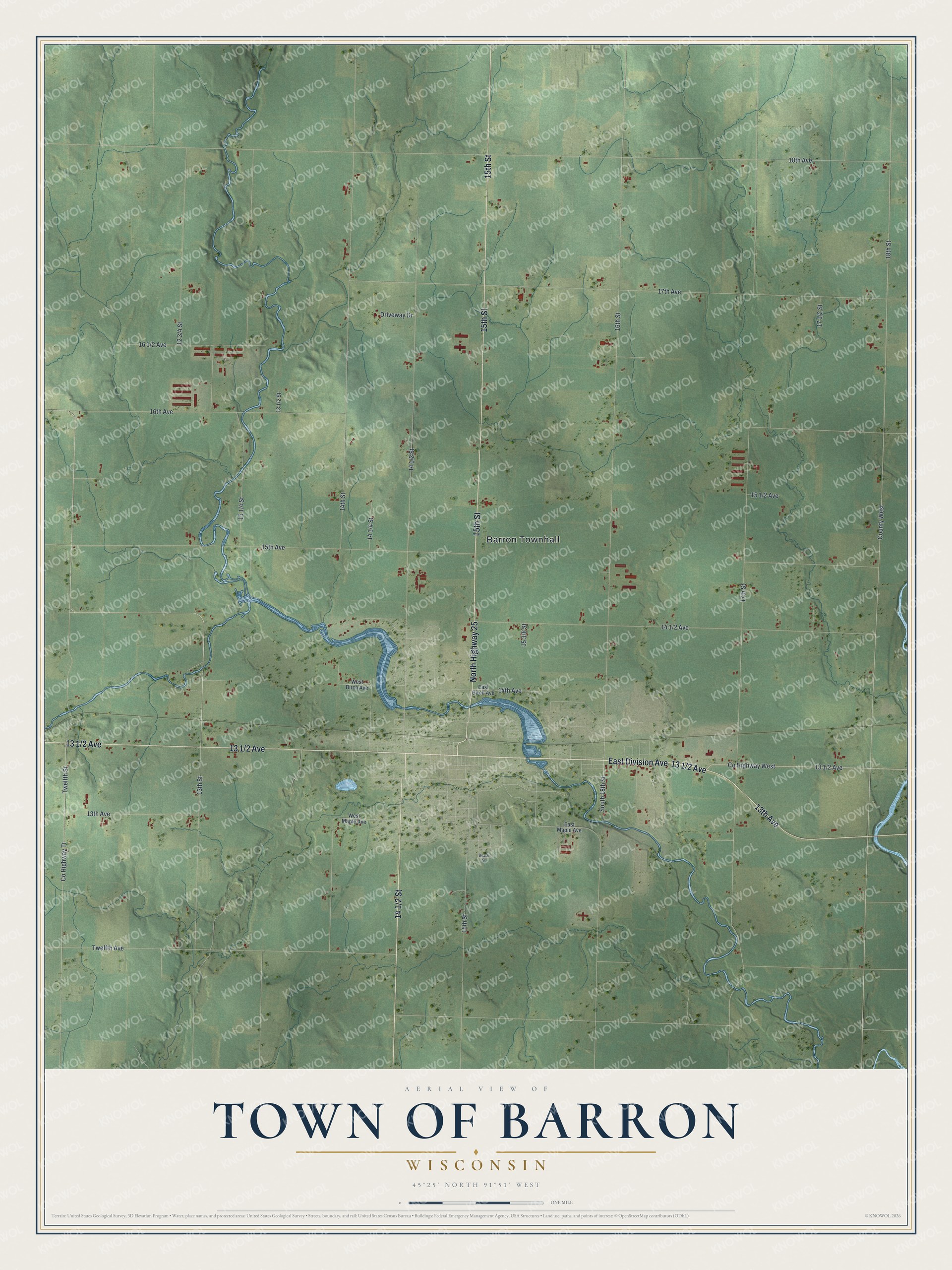Full map of Barron, Wisconsin, with red buildings, printed street names and the land around them