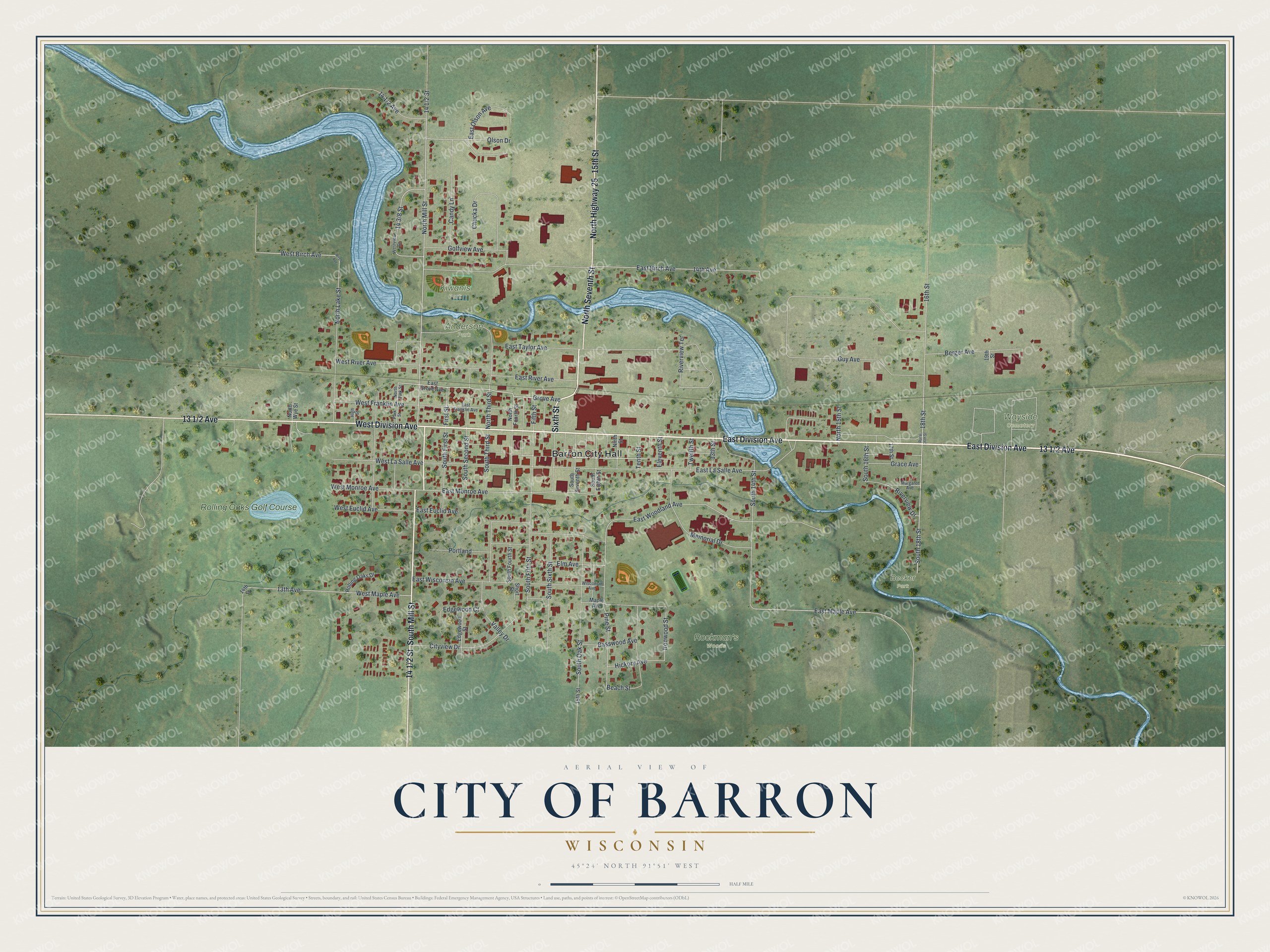 Full map of Barron, Wisconsin, with red buildings, printed street names and the land around them