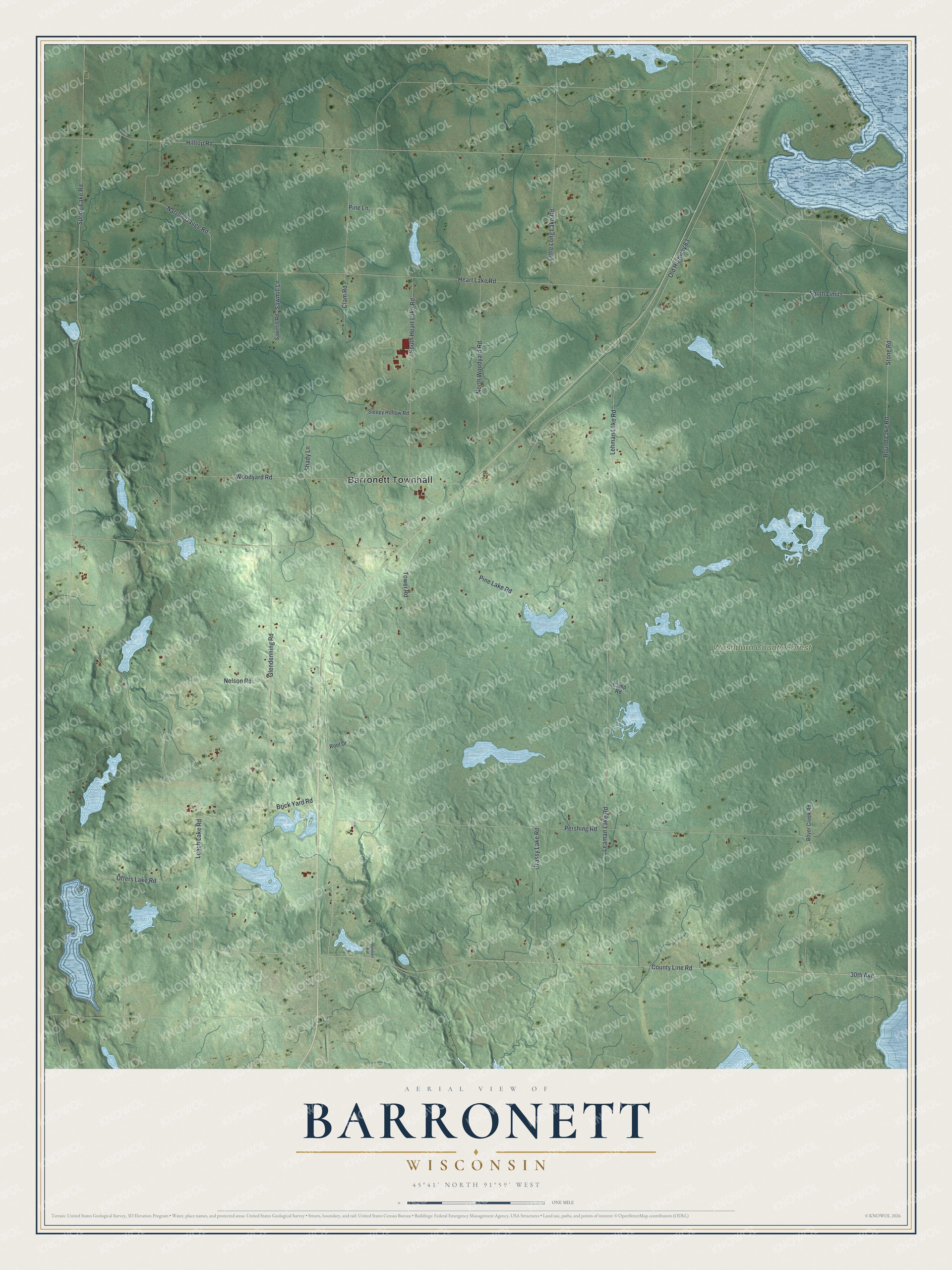 Full map of Barronett, Wisconsin, with red buildings, printed street names and the land around them
