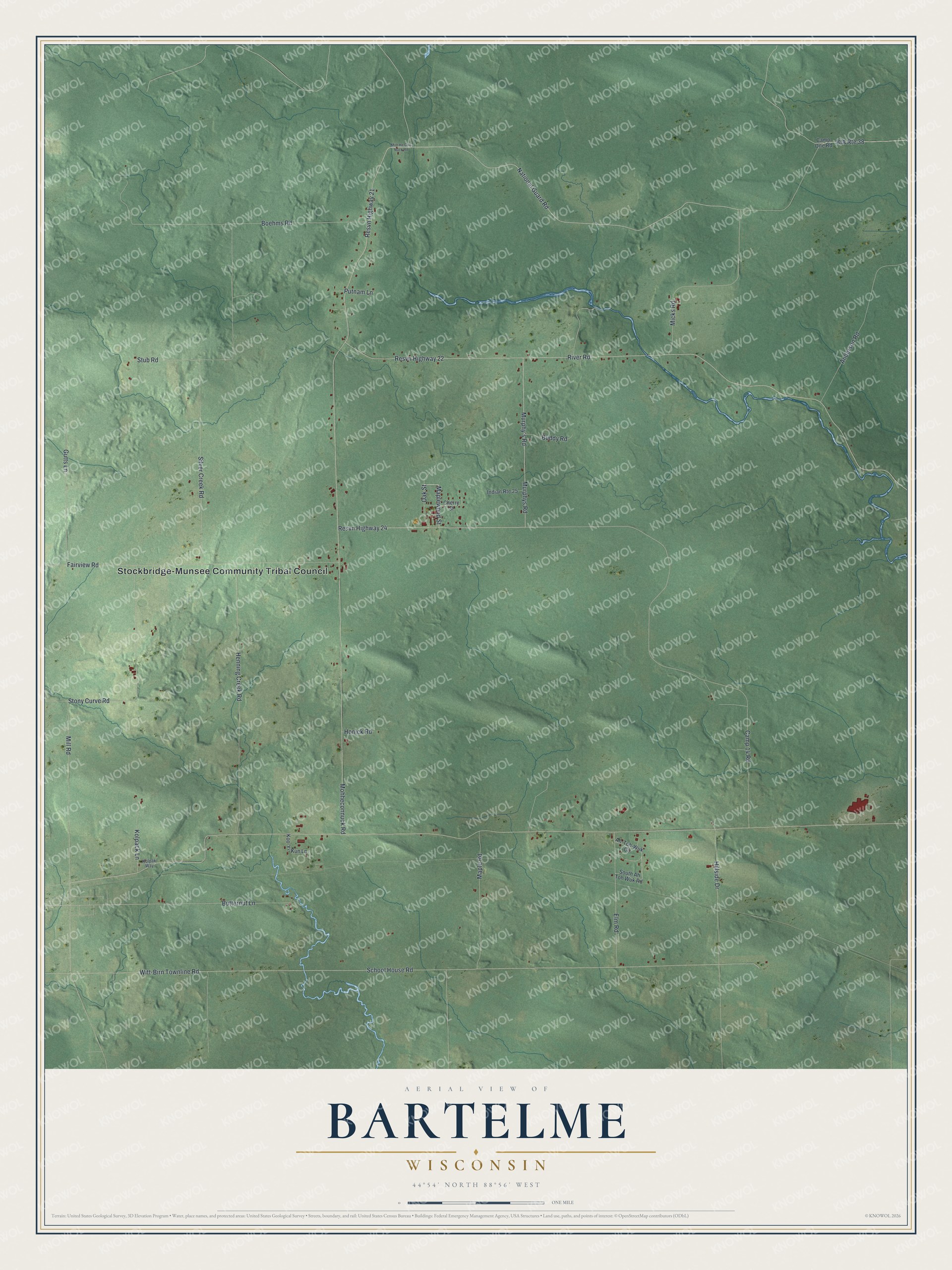 Full map of Bartelme, Wisconsin, with red buildings, printed street names and the land around them
