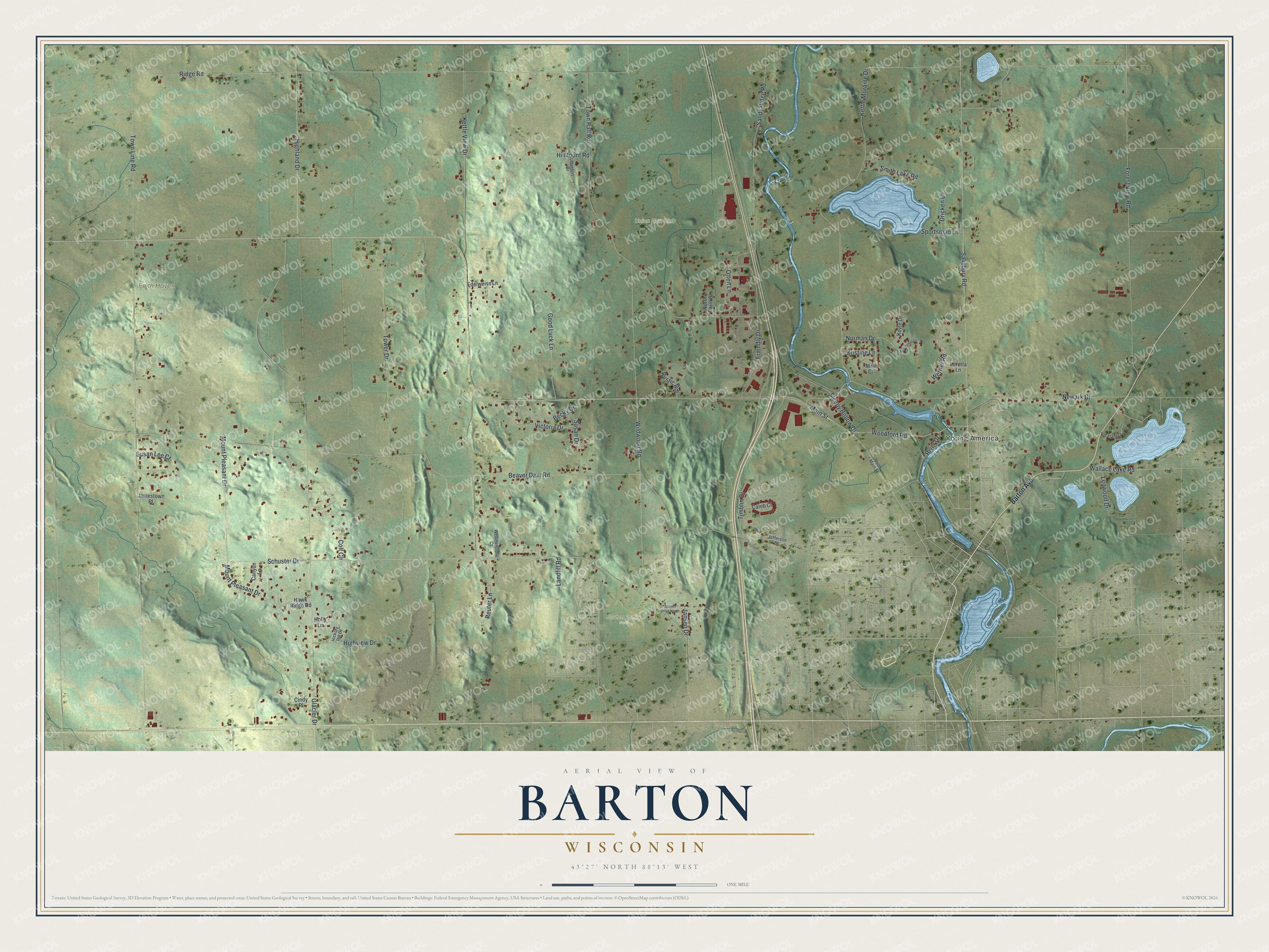 Full map of Barton, Wisconsin, with red buildings, printed street names and the land around them