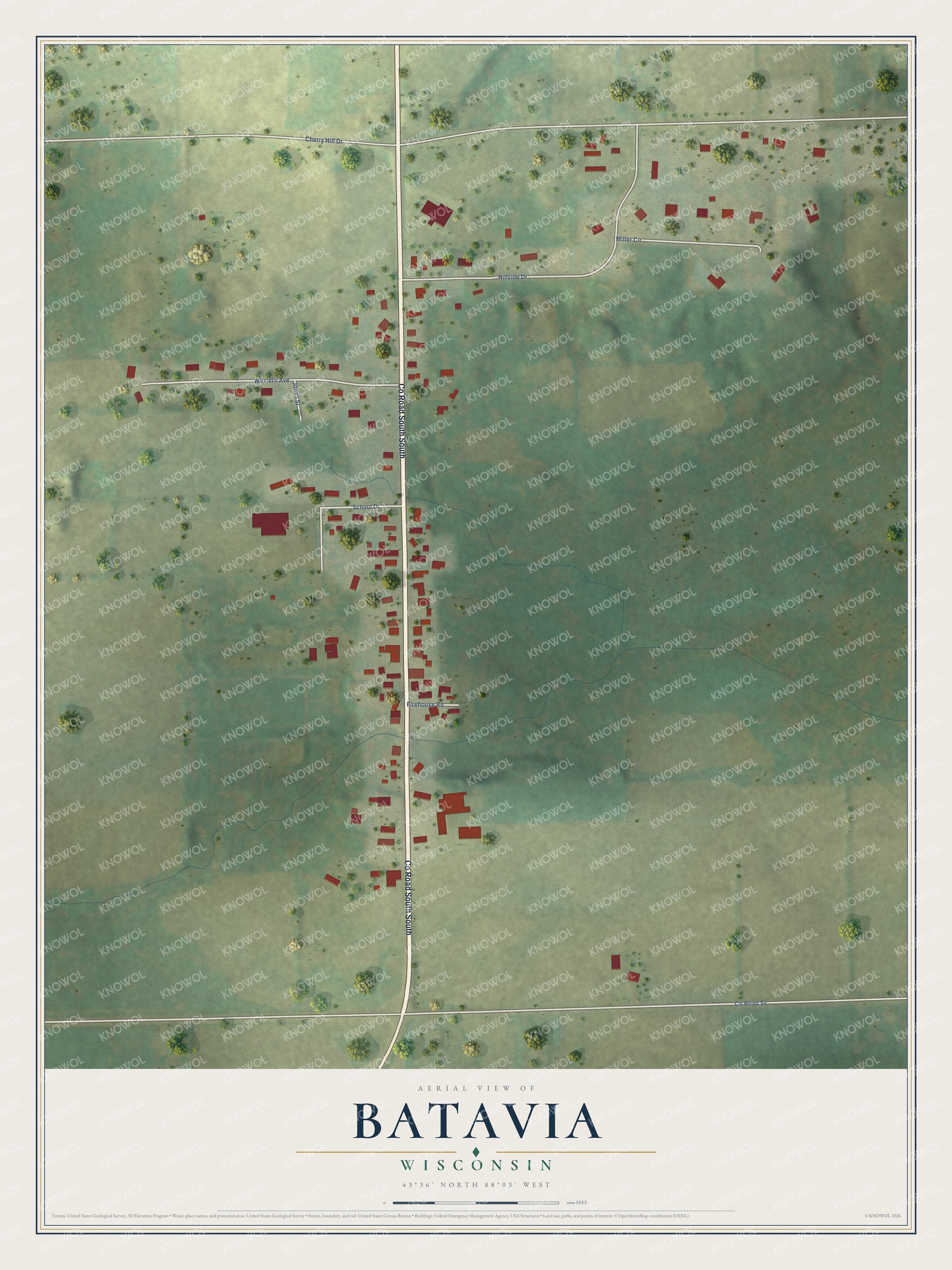 Full map of Batavia, Wisconsin, with red buildings, printed street names and the land around them