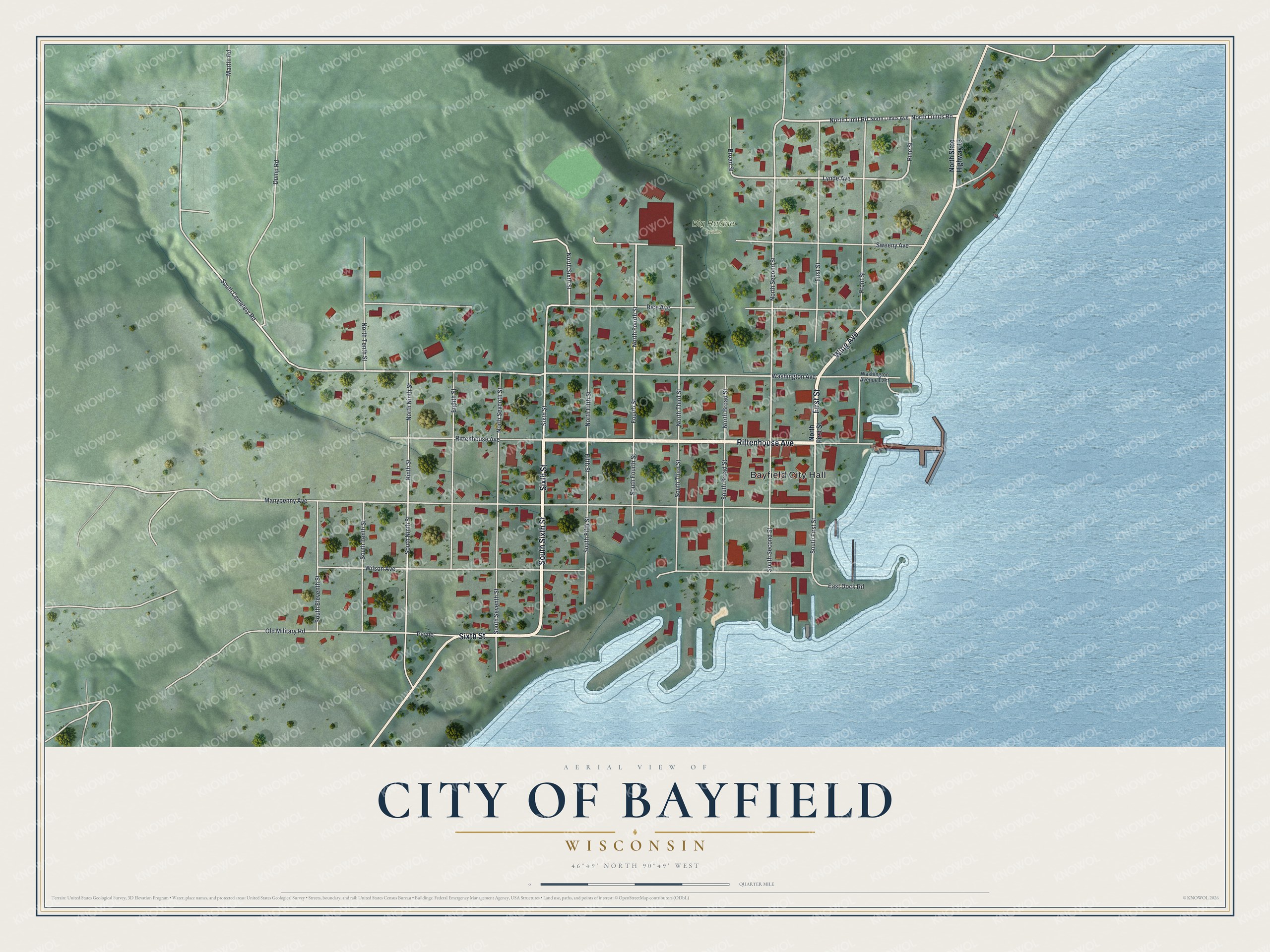 Full map of Bayfield, Wisconsin, with red buildings, printed street names and the land around them