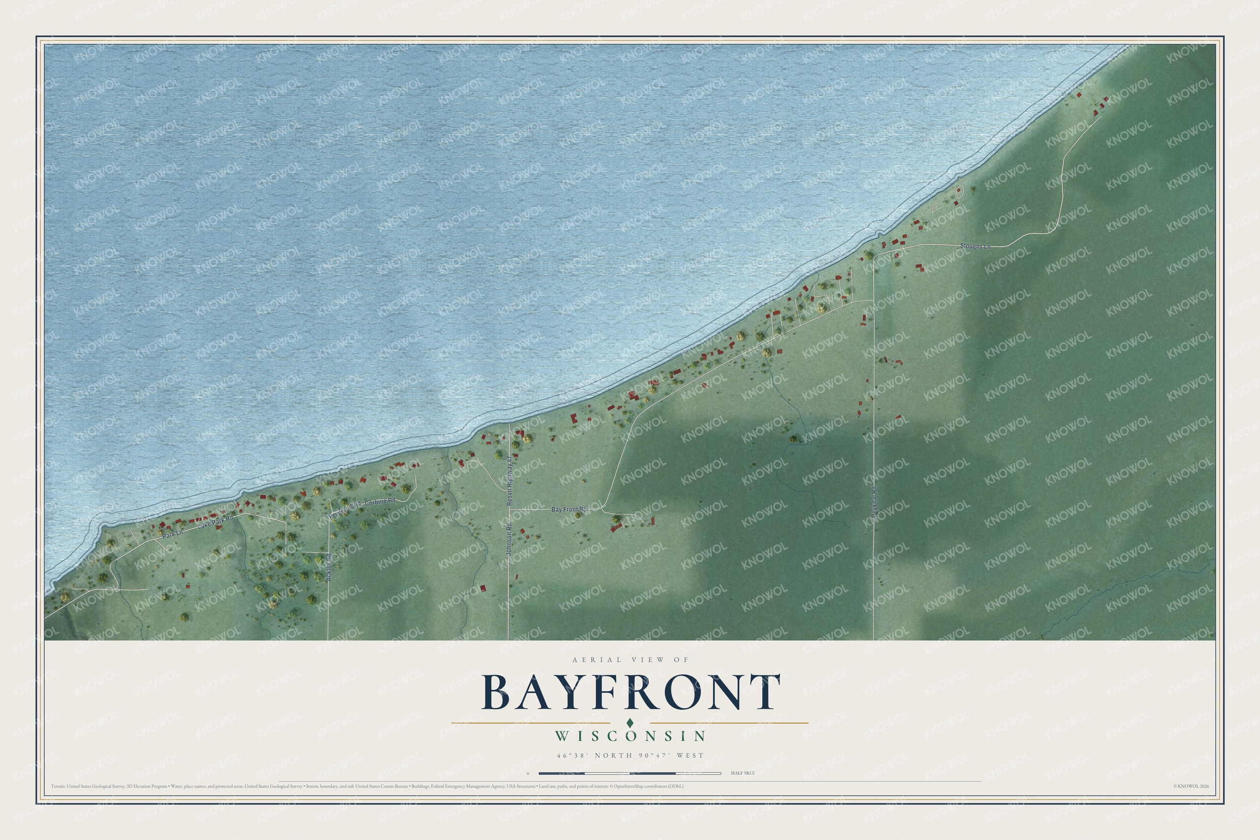 Full map of Bayfront, Wisconsin, with red buildings, printed street names and the land around them