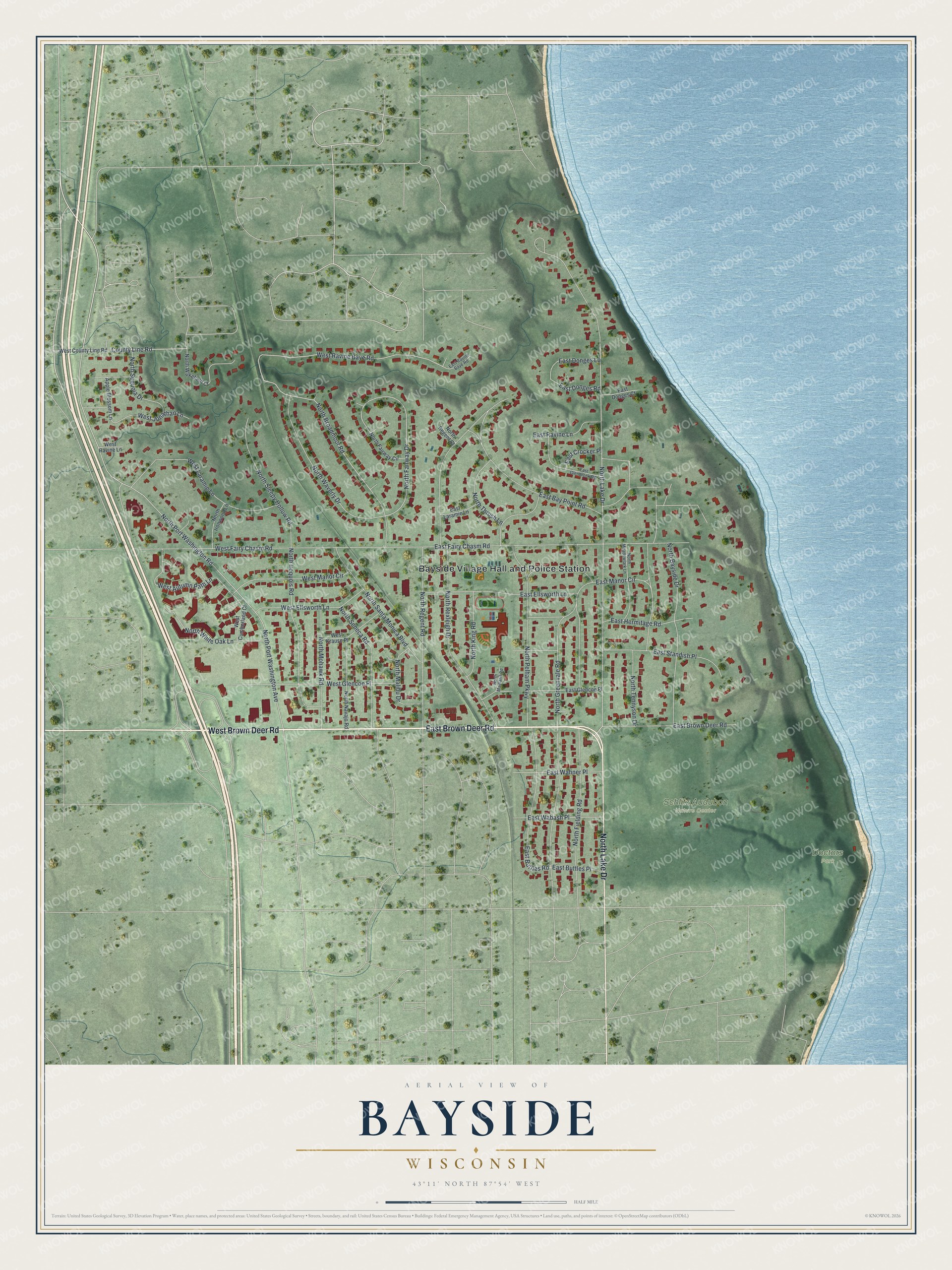 Full map of Bayside, Wisconsin, with red buildings, printed street names and the land around them