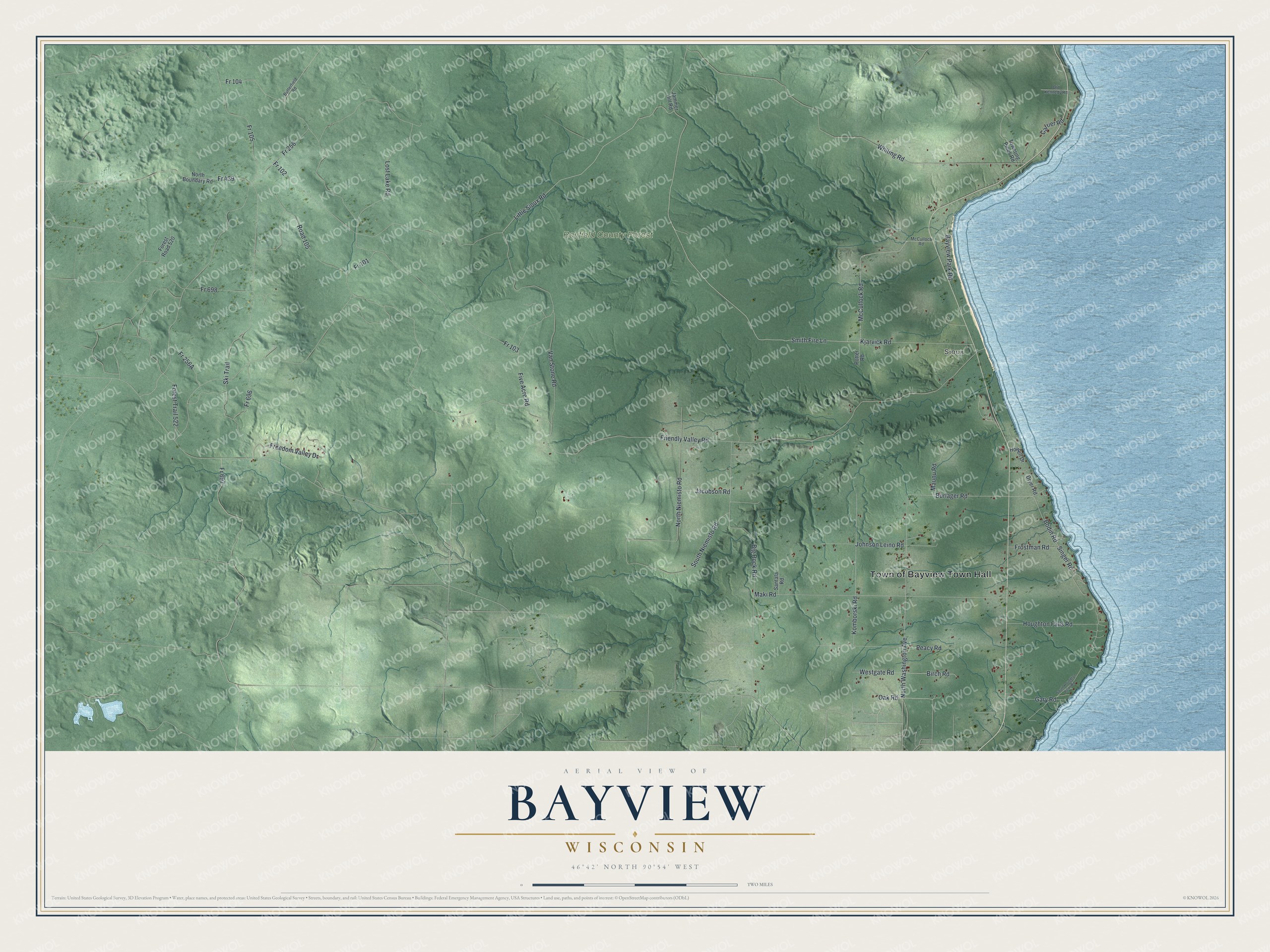 Full map of Bayview, Wisconsin, with red buildings, printed street names and the land around them