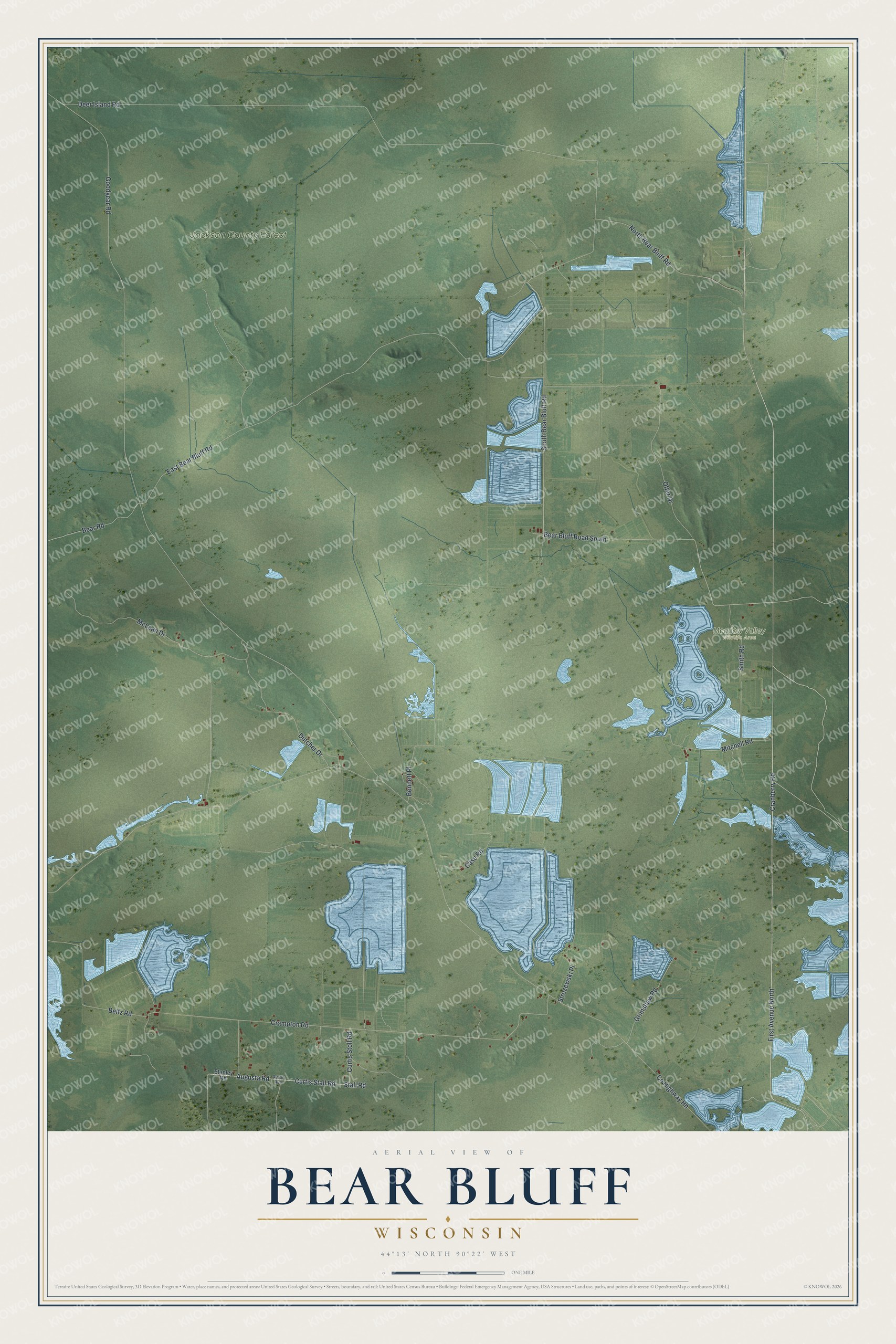 Full map of Bear Bluff, Wisconsin, with red buildings, printed street names and the land around them