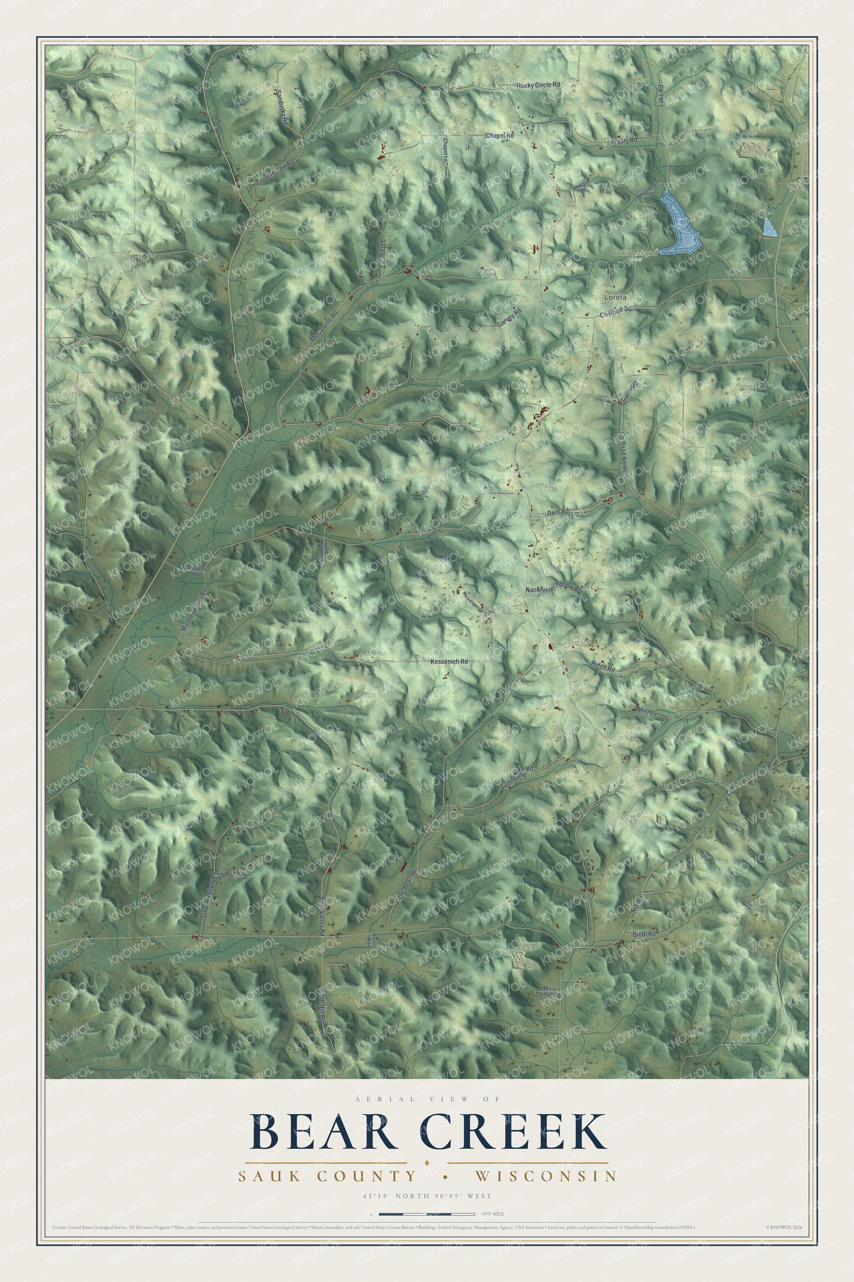 Full map of Bear Creek, Wisconsin, with red buildings, printed street names and the land around them