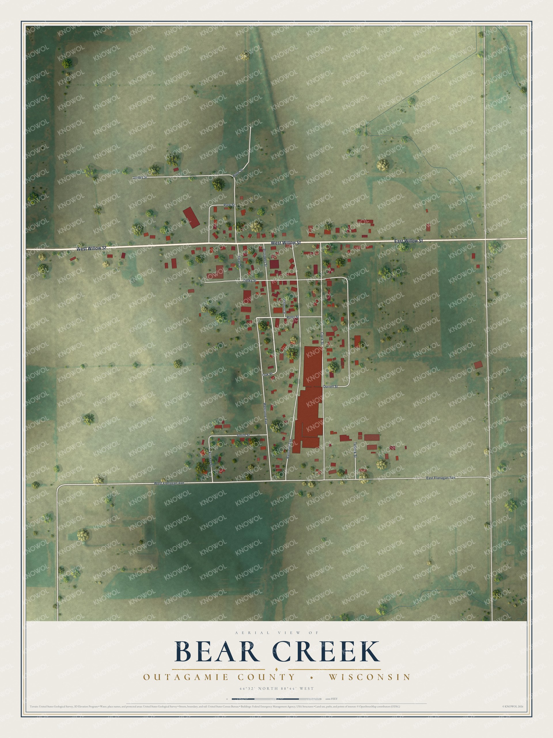 Full map of Bear Creek, Wisconsin, with red buildings, printed street names and the land around them