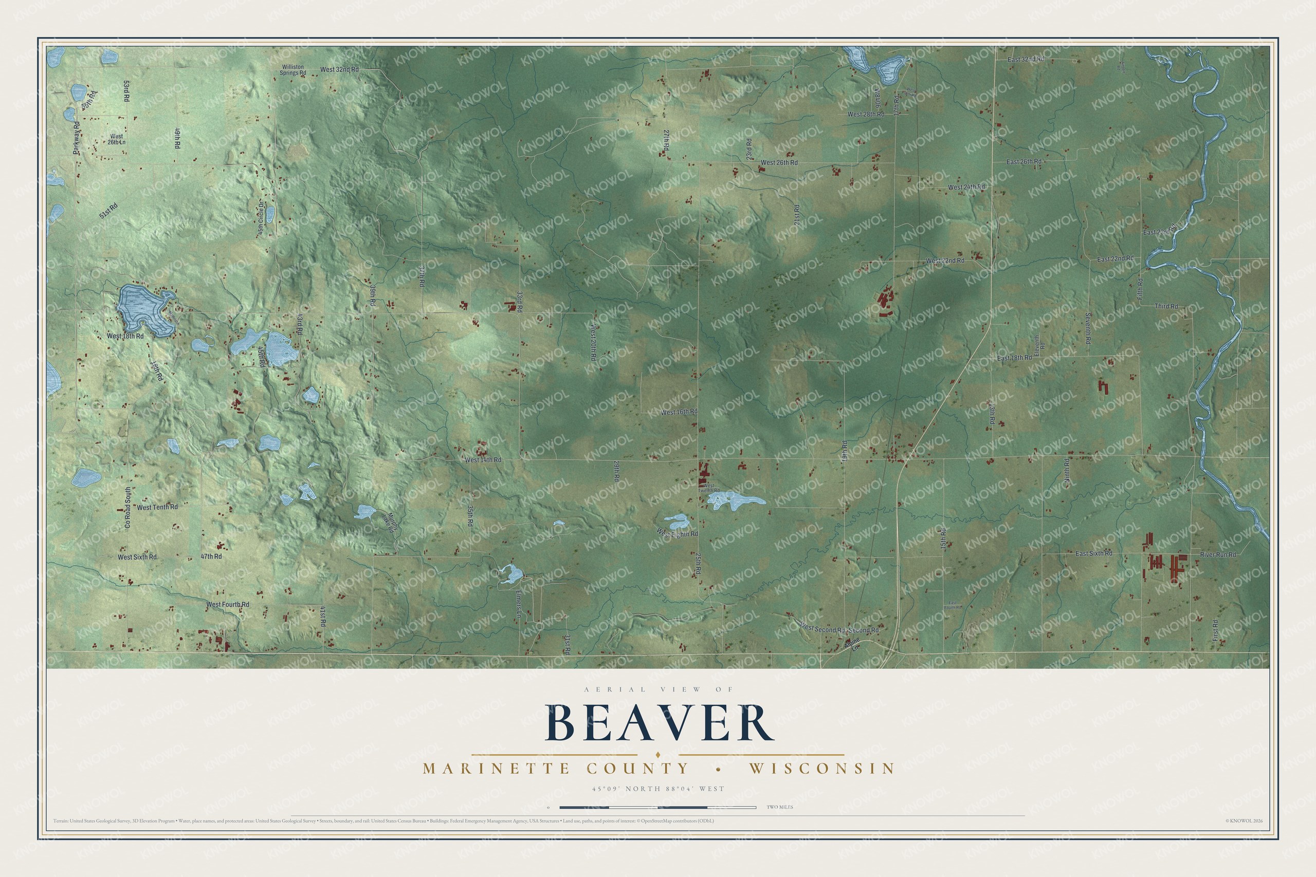 Full map of Beaver, Wisconsin, with red buildings, printed street names and the land around them