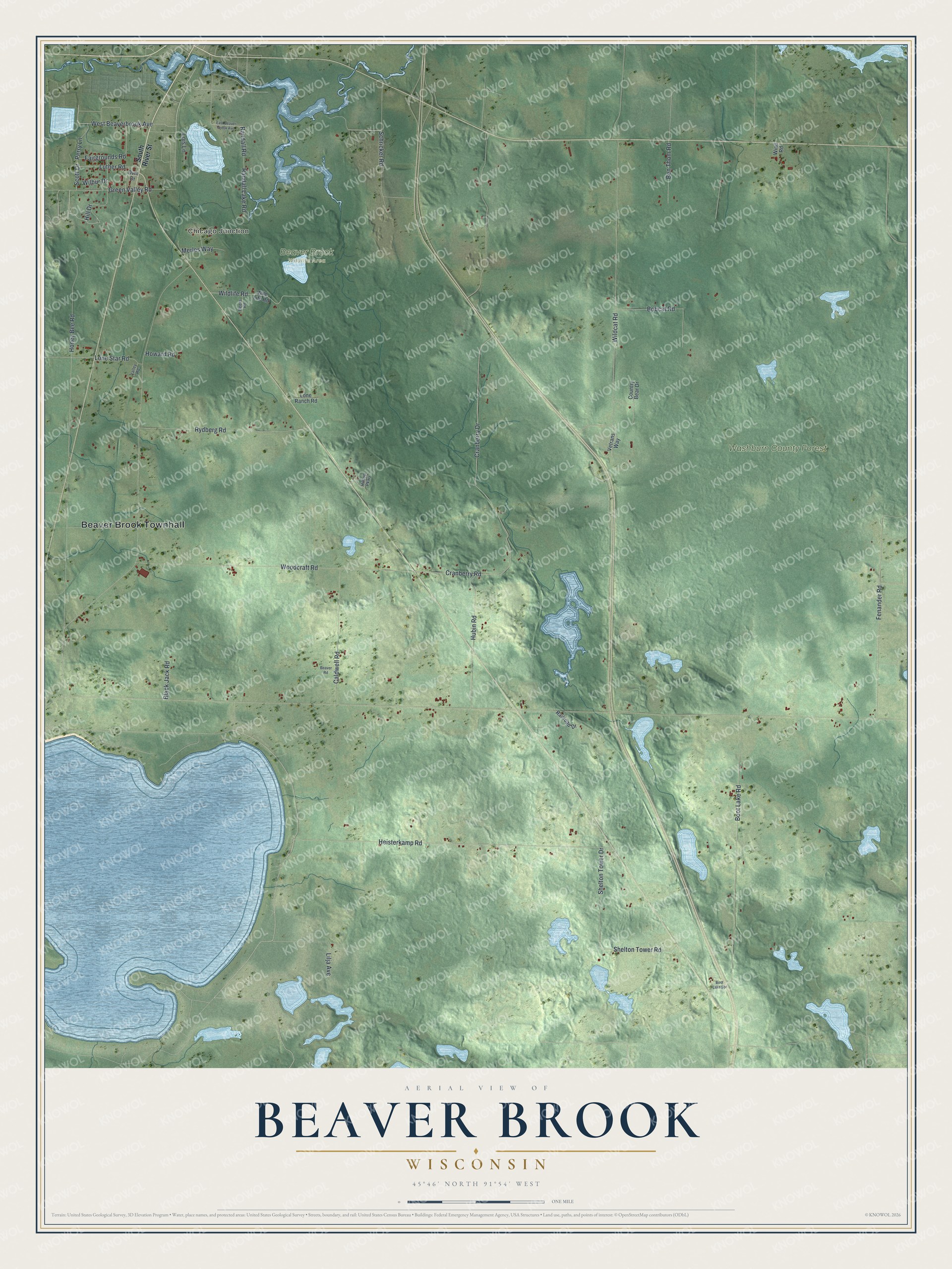 Full map of Beaver Brook, Wisconsin, with red buildings, printed street names and the land around them