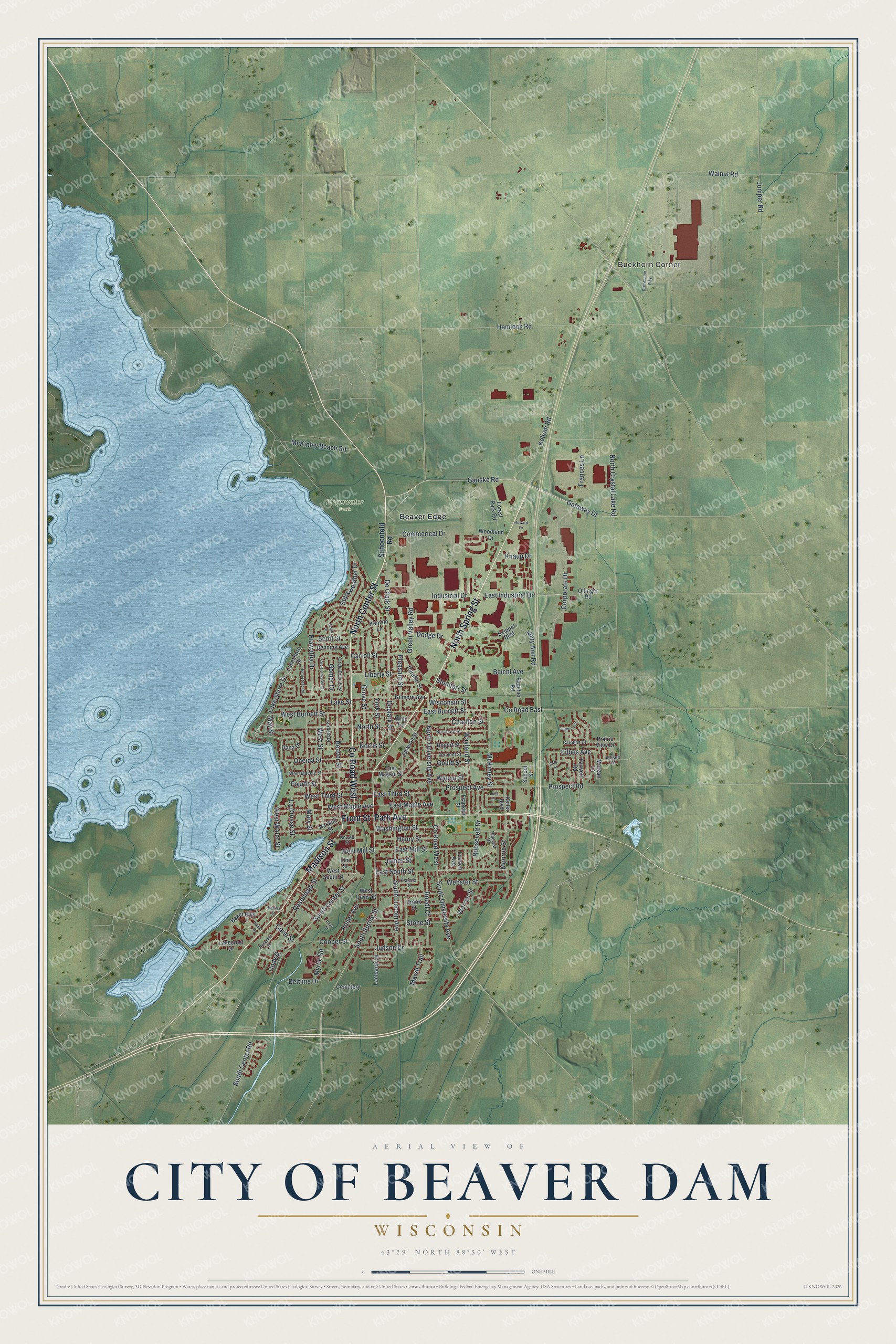 Full map of Beaver Dam, Wisconsin, with red buildings, printed street names and the land around them