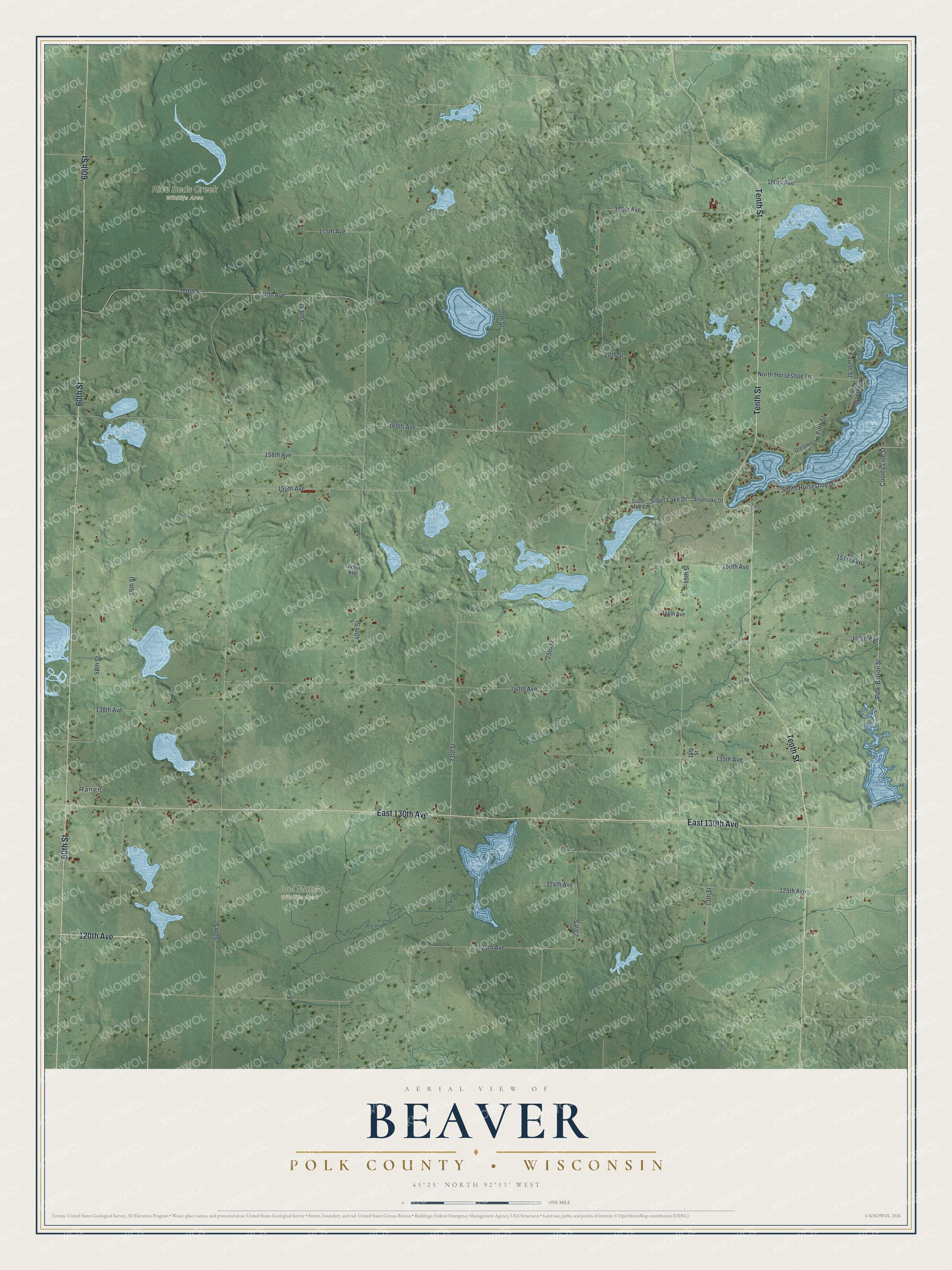 Full map of Beaver, Wisconsin, with red buildings, printed street names and the land around them