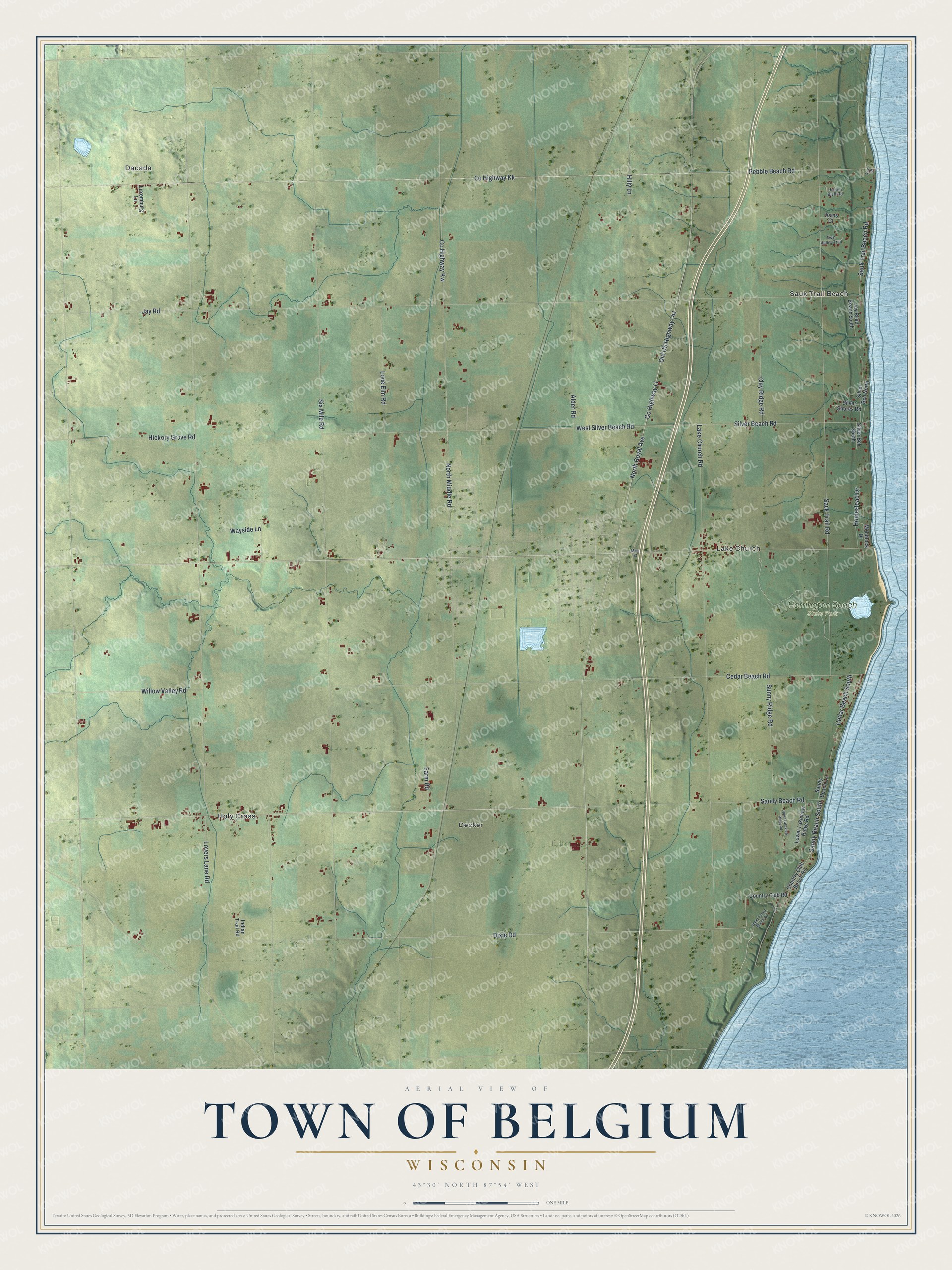 Full map of Belgium, Wisconsin, with red buildings, printed street names and the land around them