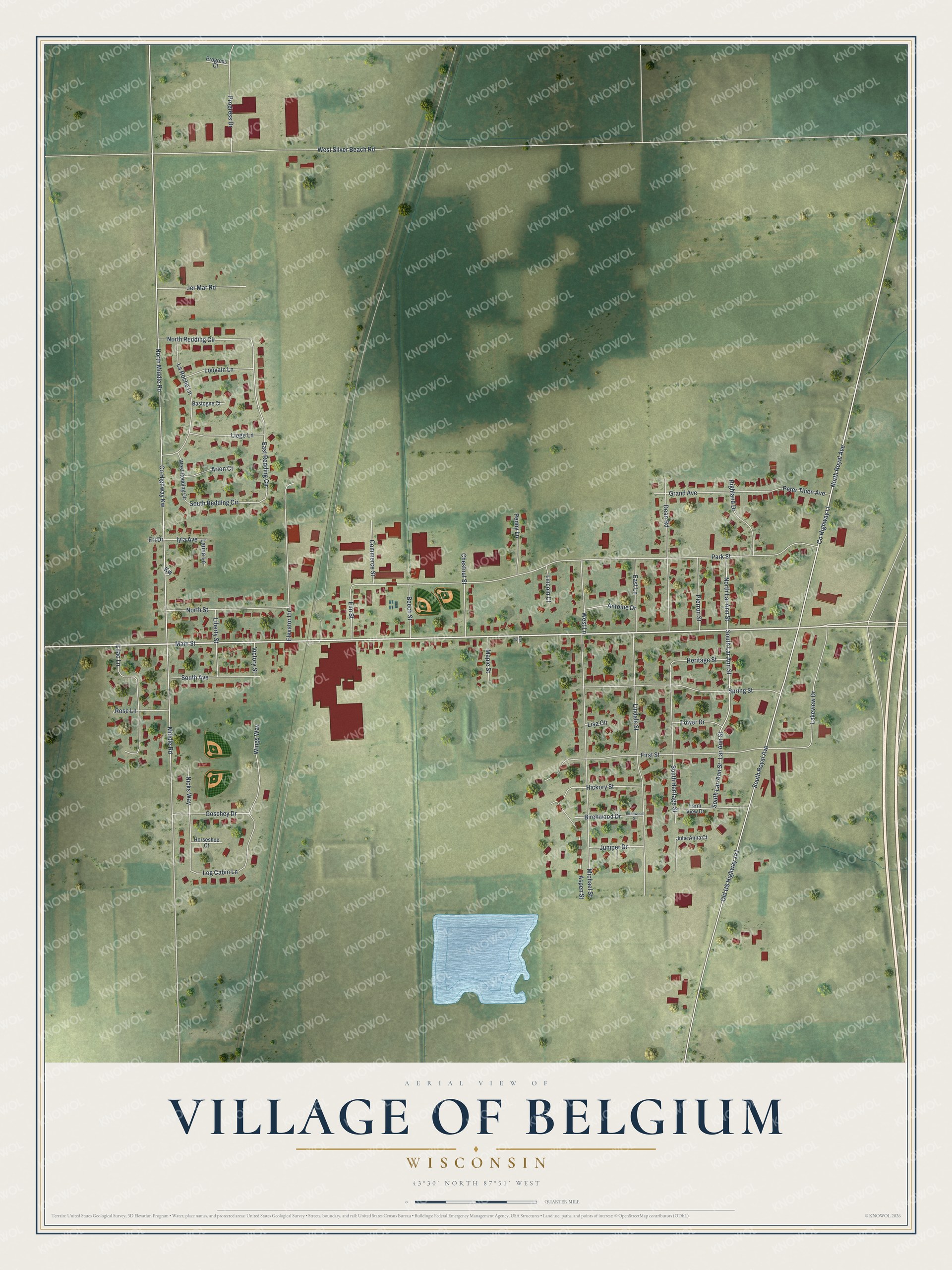 Full map of Belgium, Wisconsin, with red buildings, printed street names and the land around them