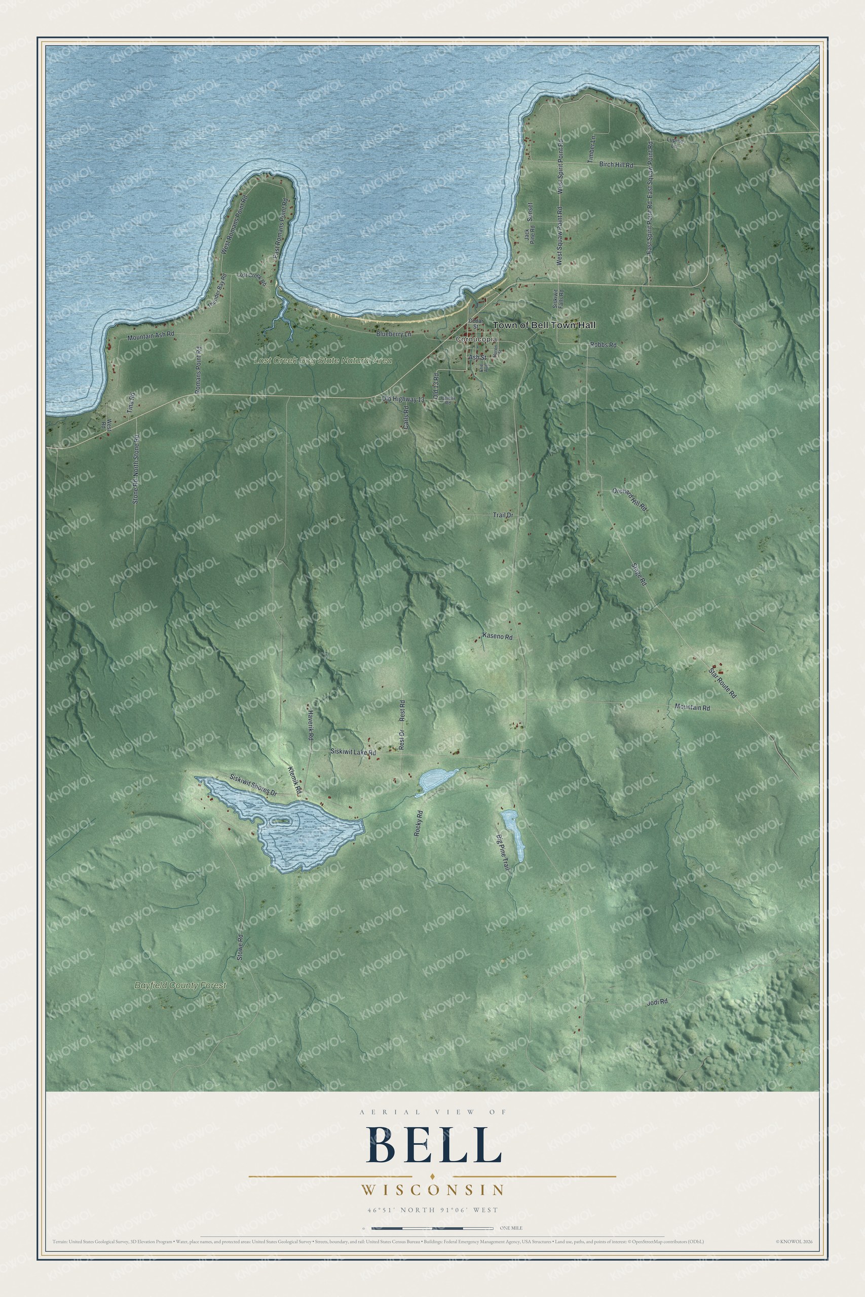 Full map of Bell, Wisconsin, with red buildings, printed street names and the land around them