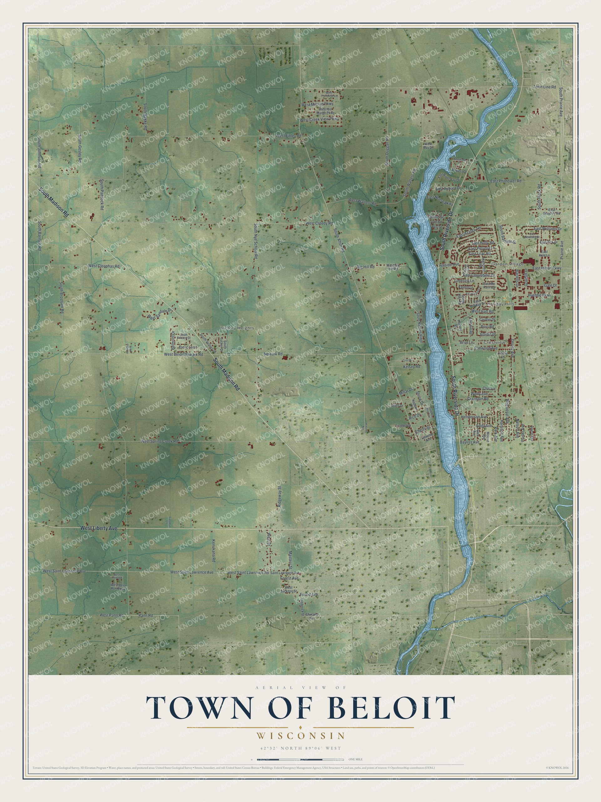 Full map of Beloit, Wisconsin, with red buildings, printed street names and the land around them