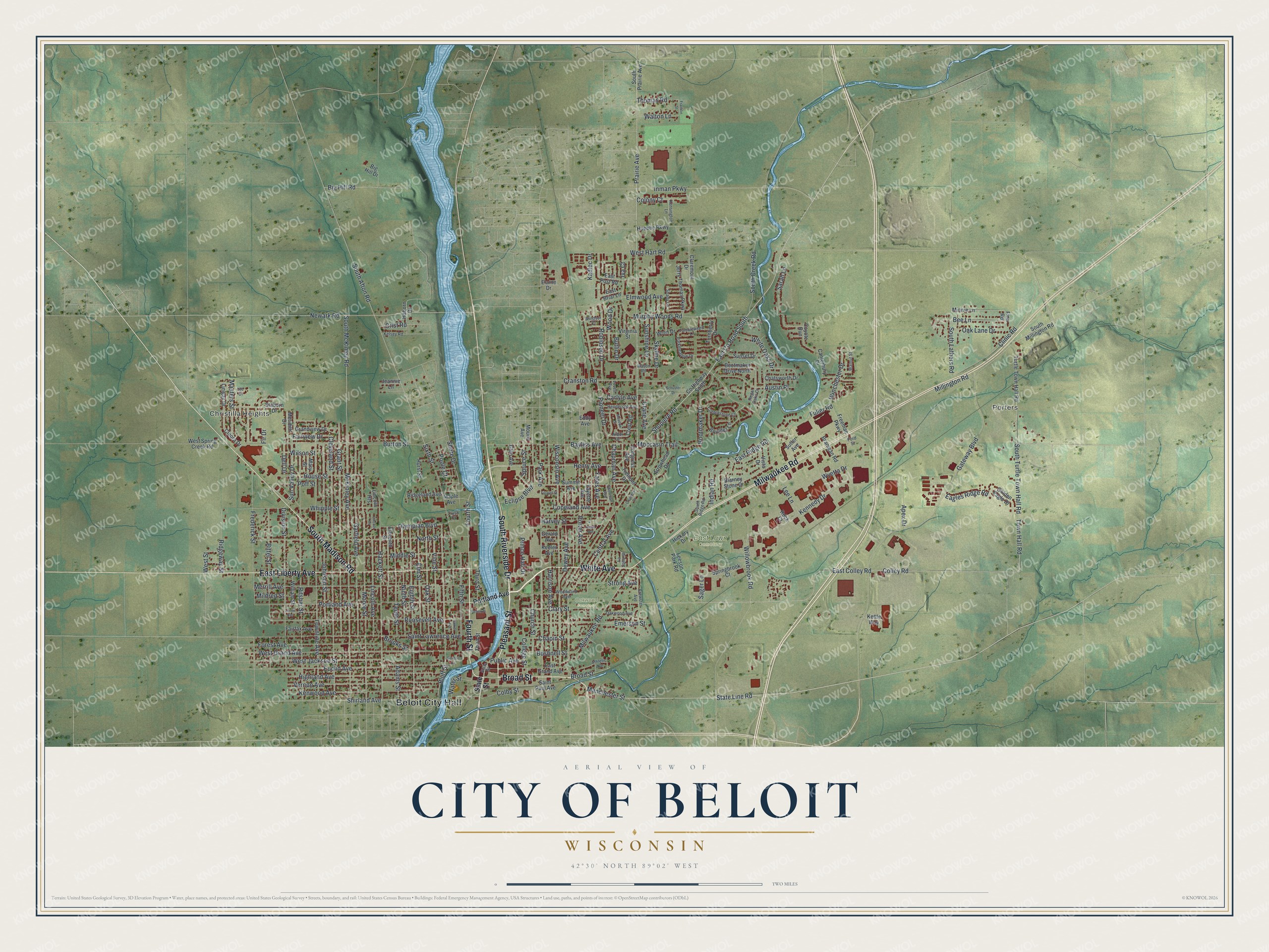 Full map of Beloit, Wisconsin, with red buildings, printed street names and the land around them
