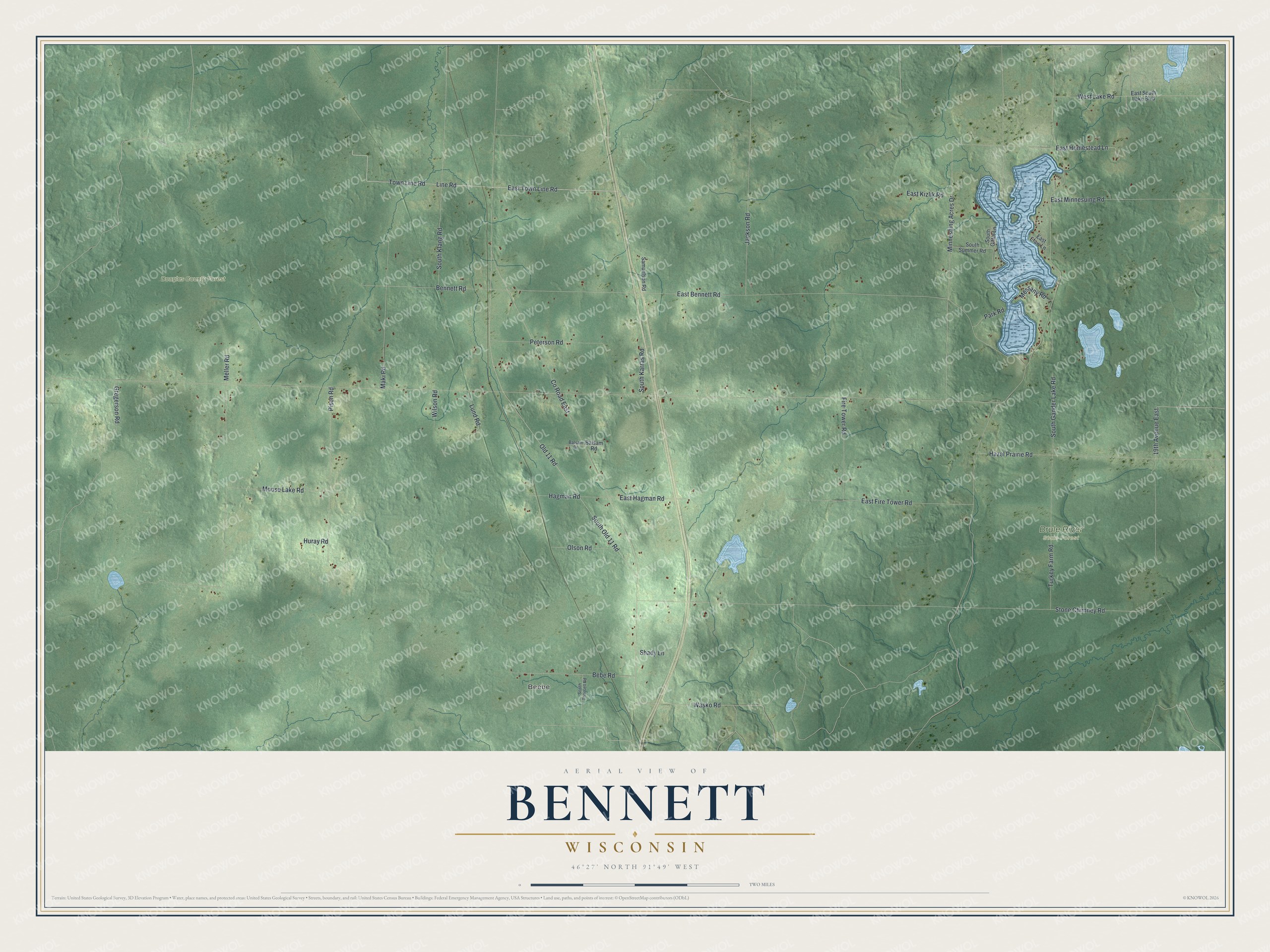 Full map of Bennett, Wisconsin, with red buildings, printed street names and the land around them