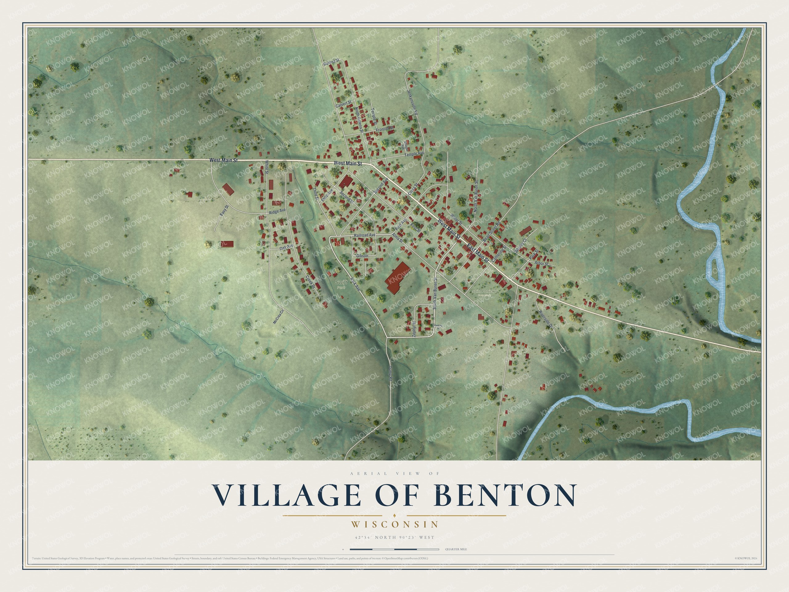Full map of Benton, Wisconsin, with red buildings, printed street names and the land around them