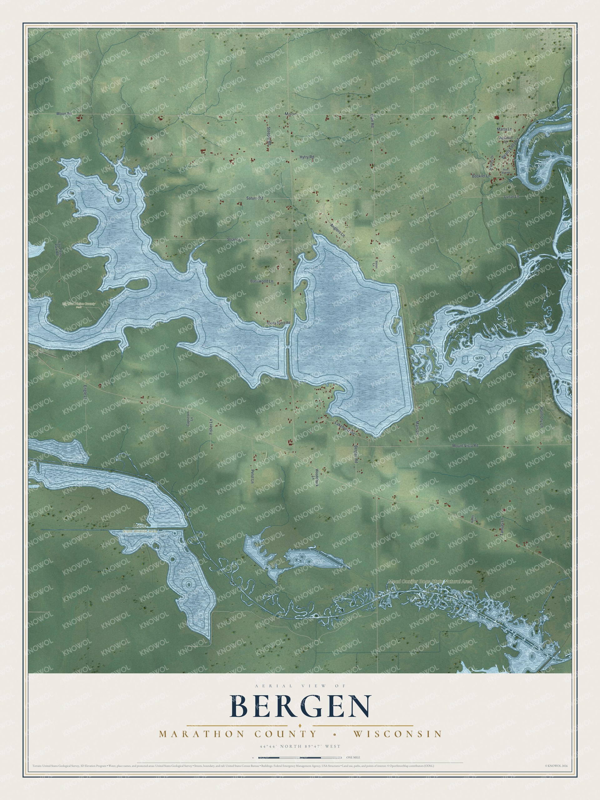 Full map of Bergen, Wisconsin, with red buildings, printed street names and the land around them