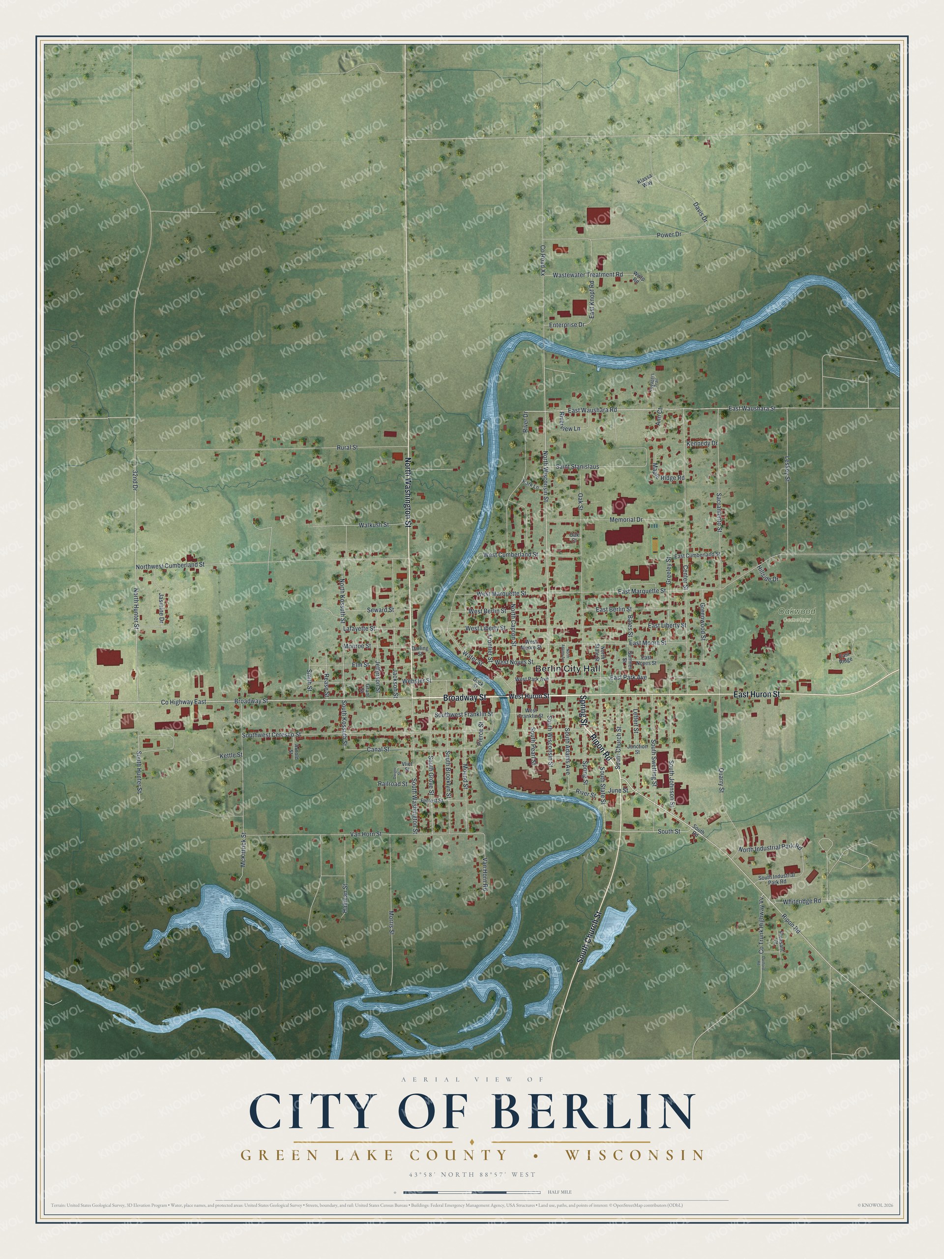Full map of Berlin, Wisconsin, with red buildings, printed street names and the land around them