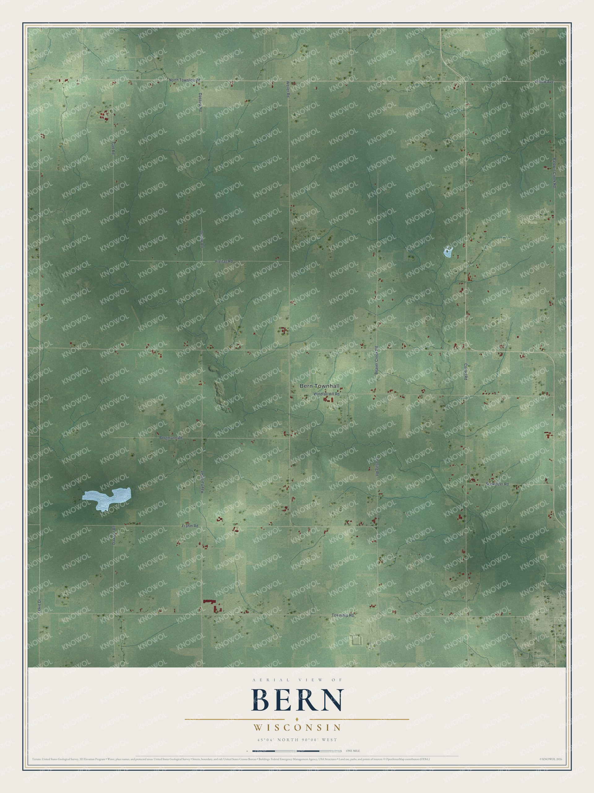 Full map of Bern, Wisconsin, with red buildings, printed street names and the land around them