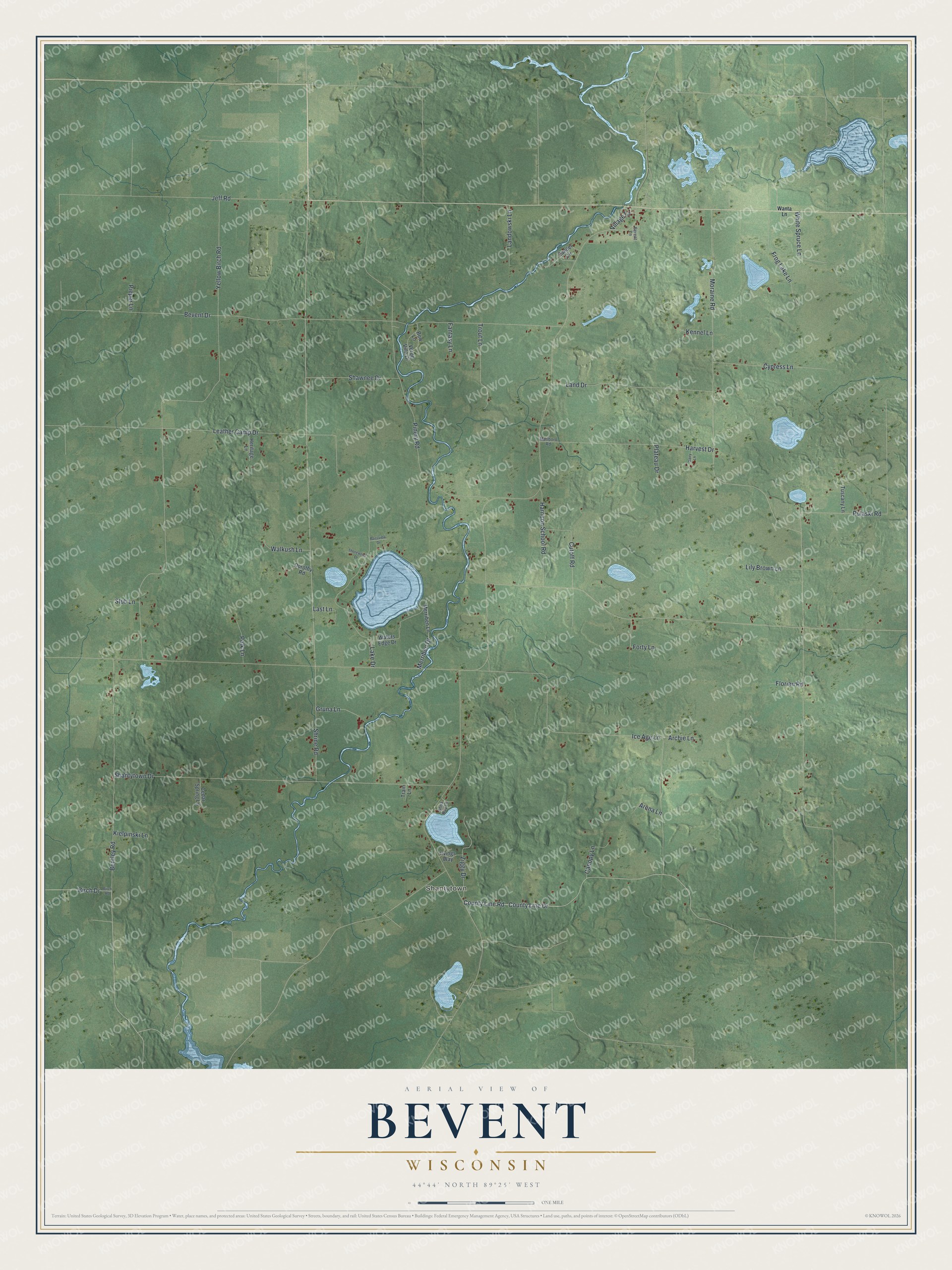 Full map of Bevent, Wisconsin, with red buildings, printed street names and the land around them