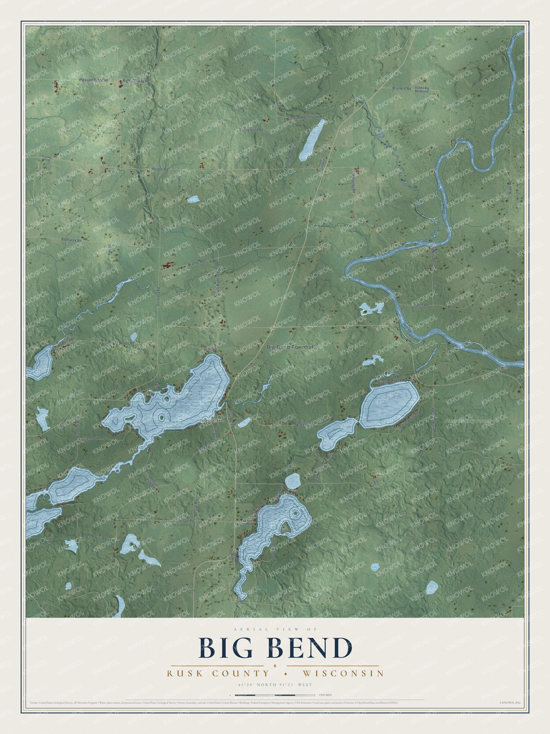 Full map of Big Bend, Wisconsin, with red buildings, printed street names and the land around them