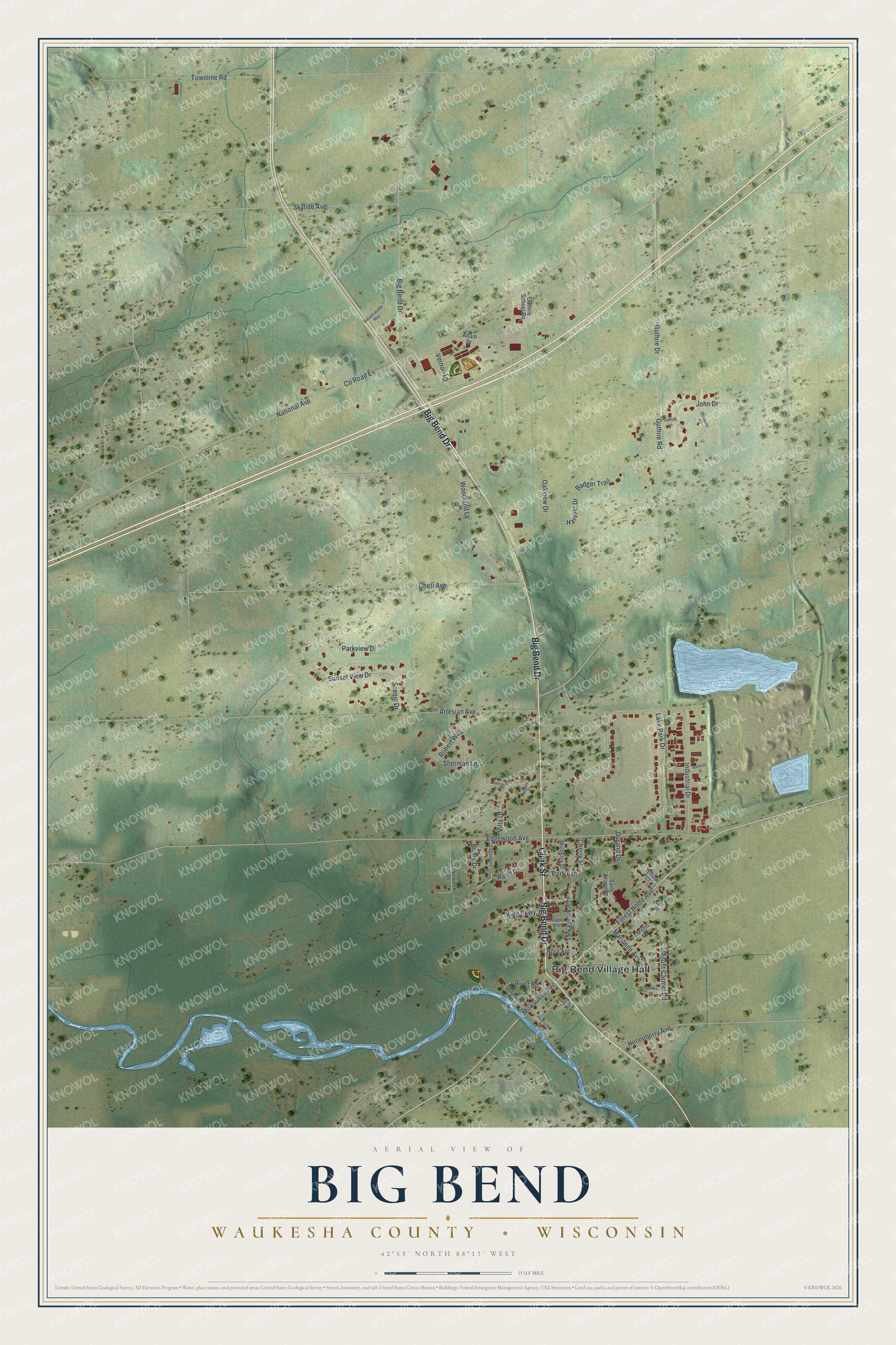 Full map of Big Bend, Wisconsin, with red buildings, printed street names and the land around them