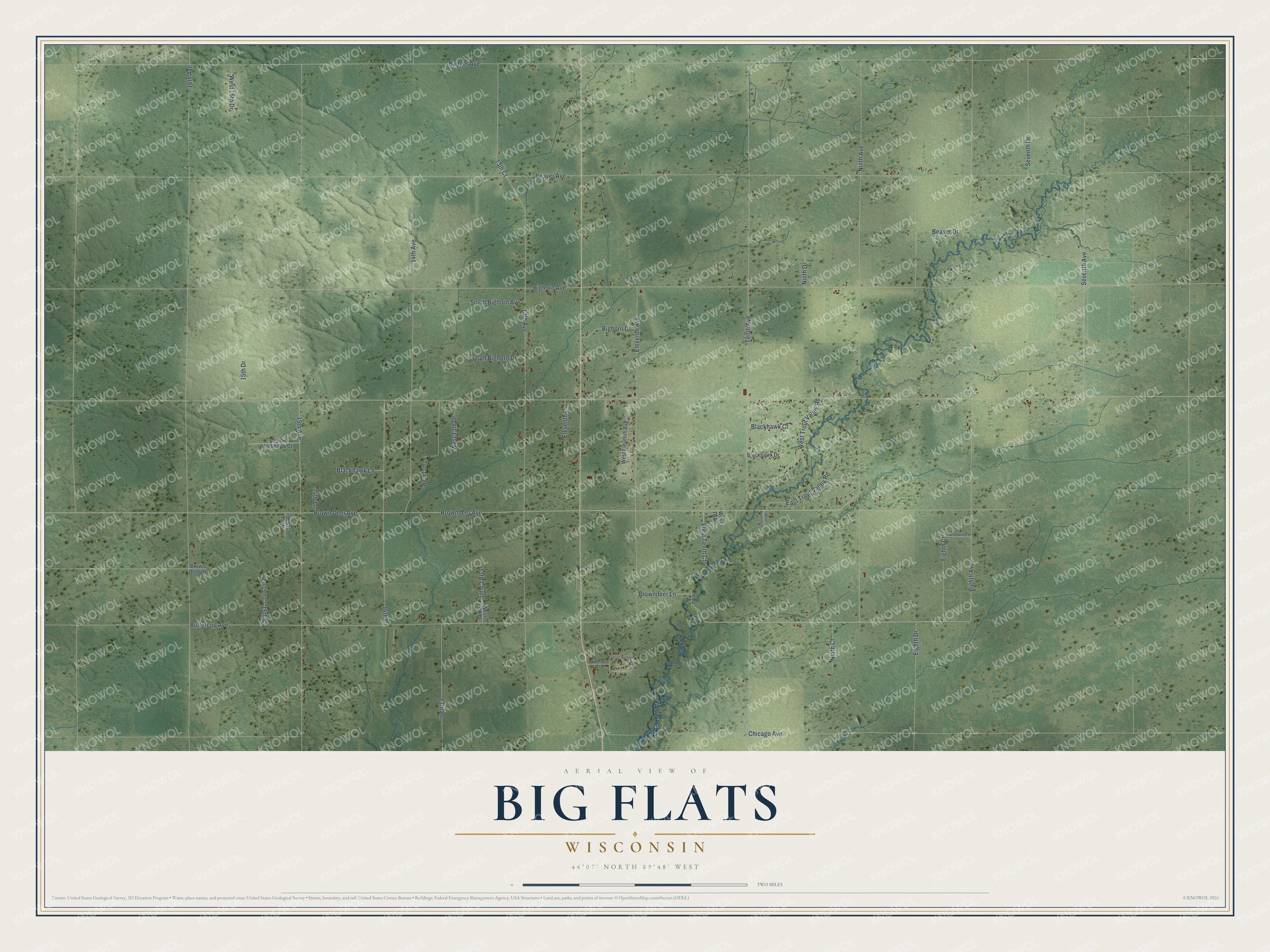 Full map of Big Flats, Wisconsin, with red buildings, printed street names and the land around them
