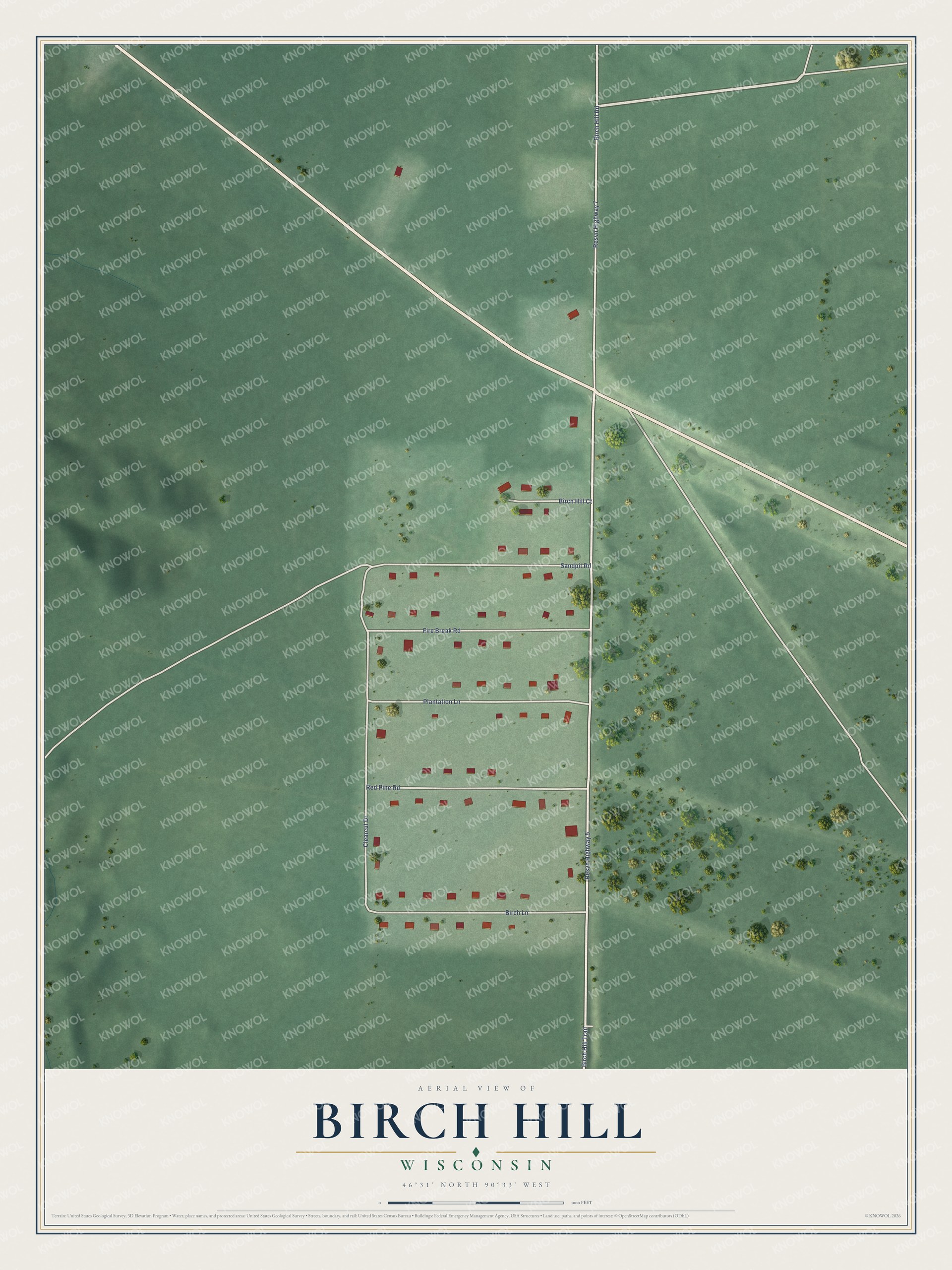 Full map of Birch Hill, Wisconsin, with red buildings, printed street names and the land around them