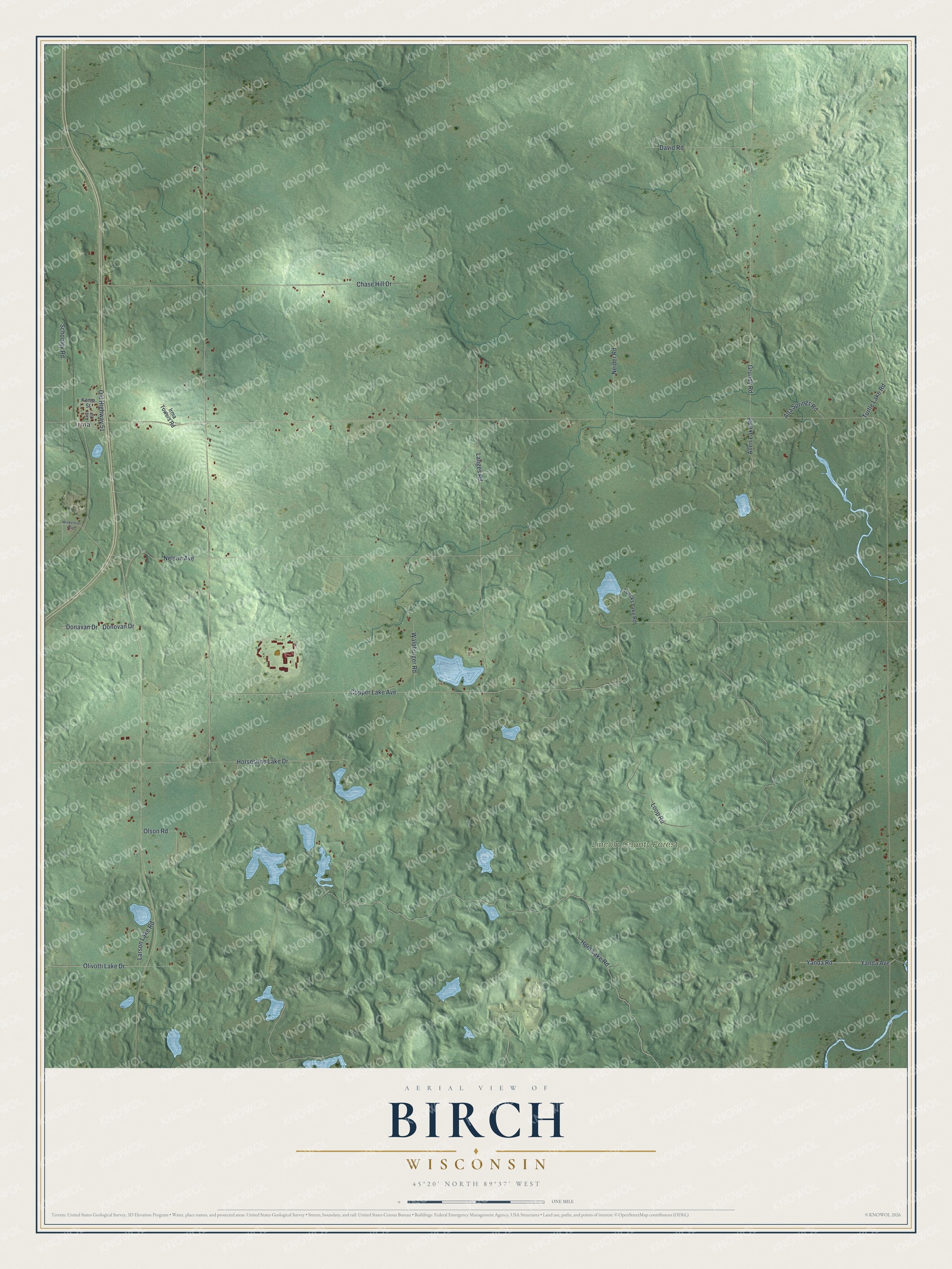 Full map of Birch, Wisconsin, with red buildings, printed street names and the land around them