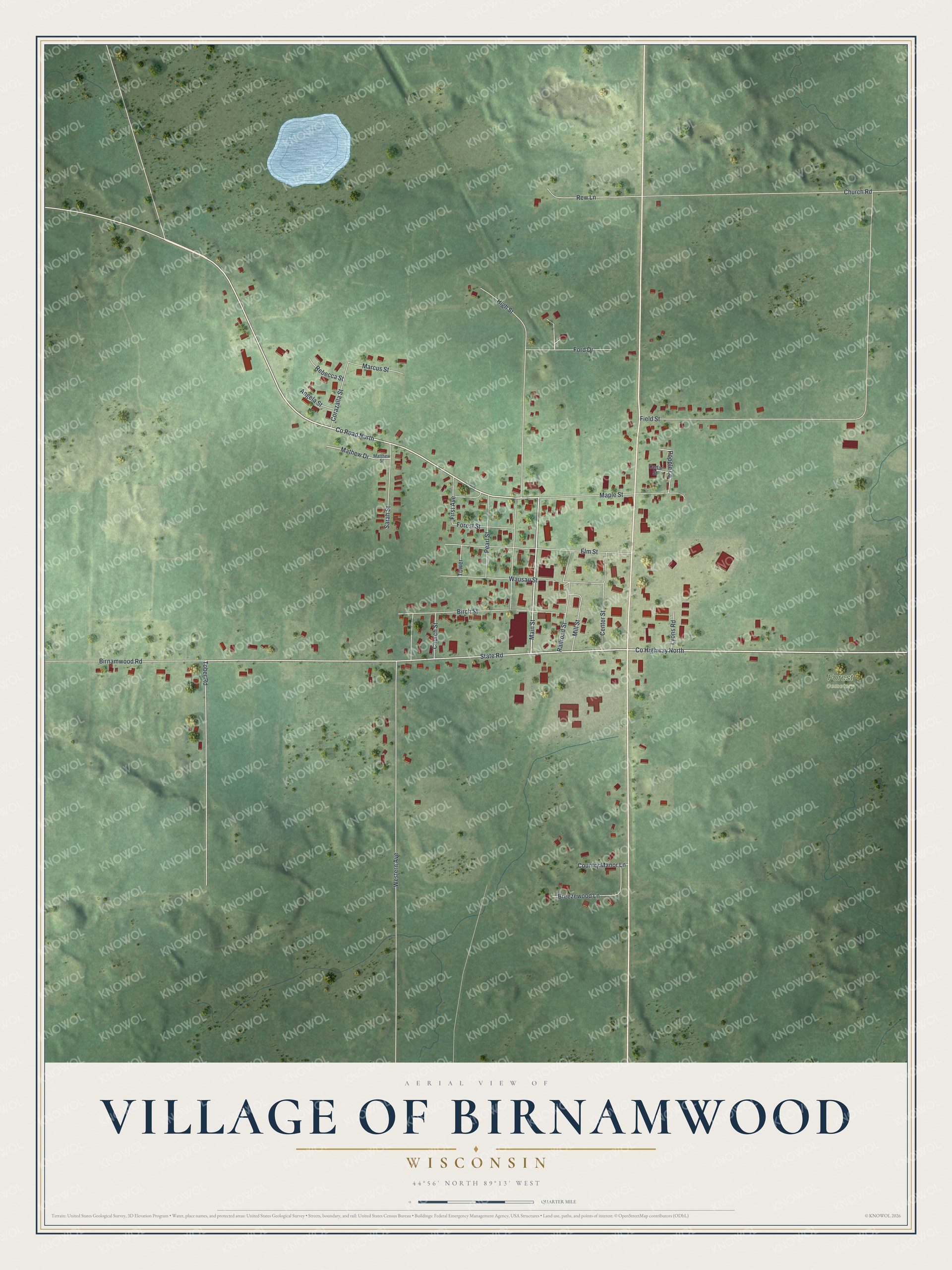 Full map of Birnamwood, Wisconsin, with red buildings, printed street names and the land around them