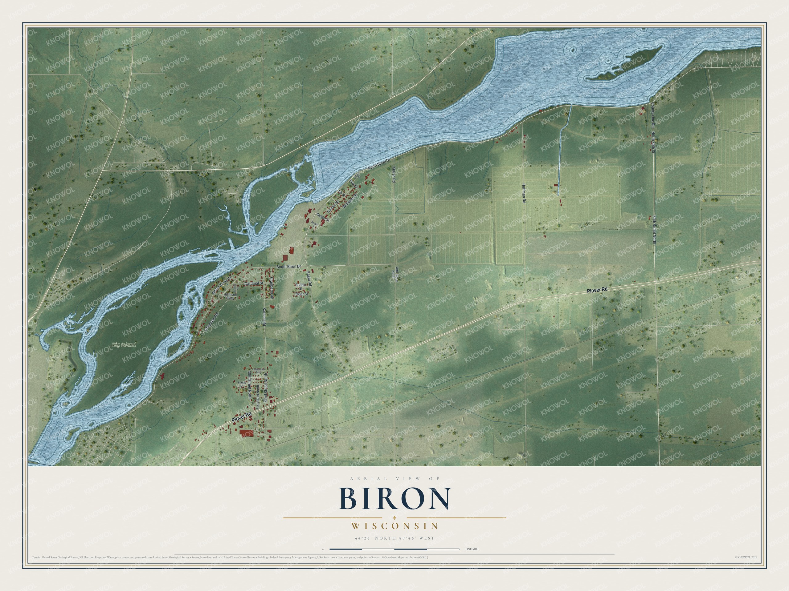Full map of Biron, Wisconsin, with red buildings, printed street names and the land around them
