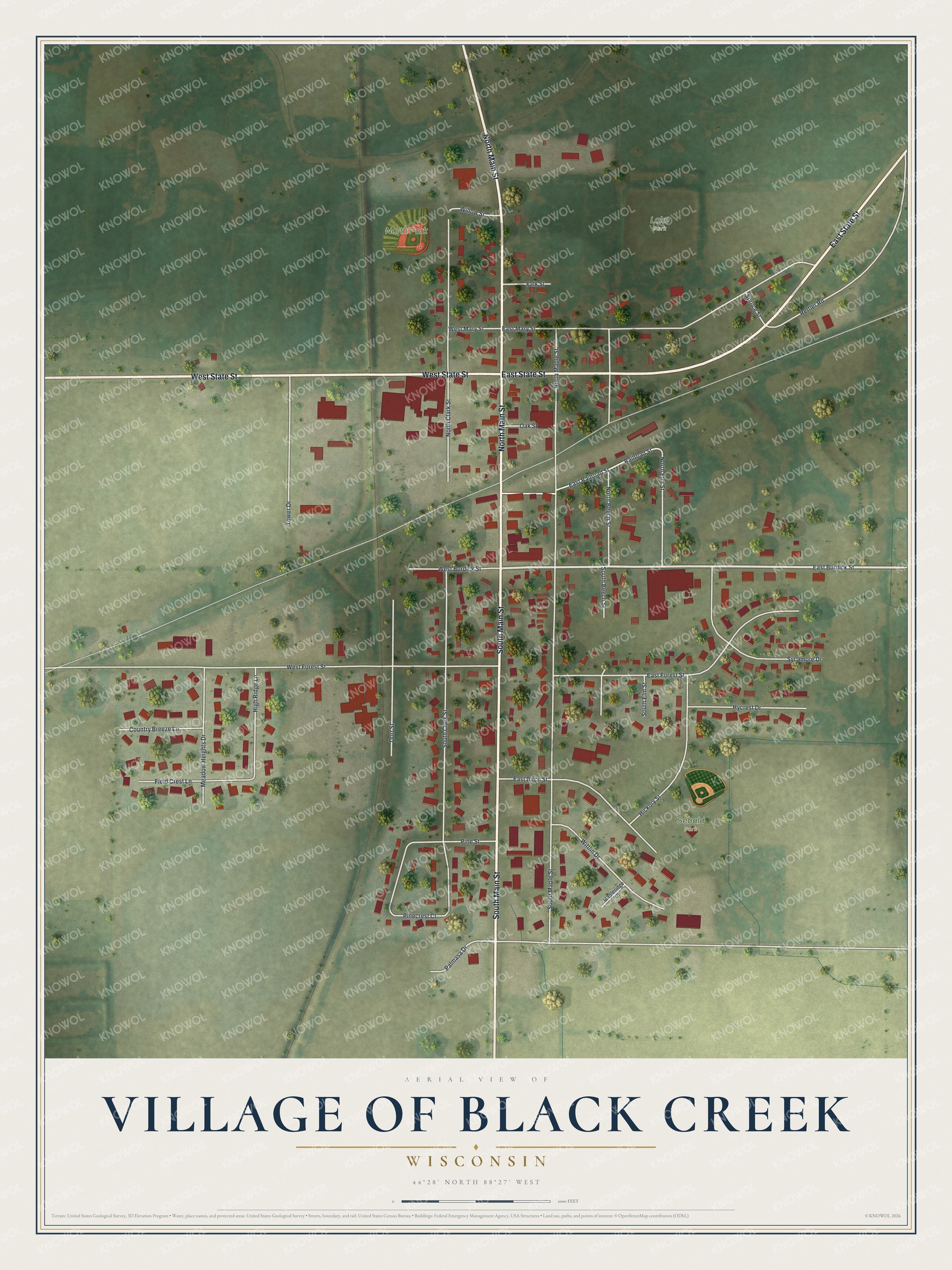 Full map of Black Creek, Wisconsin, with red buildings, printed street names and the land around them