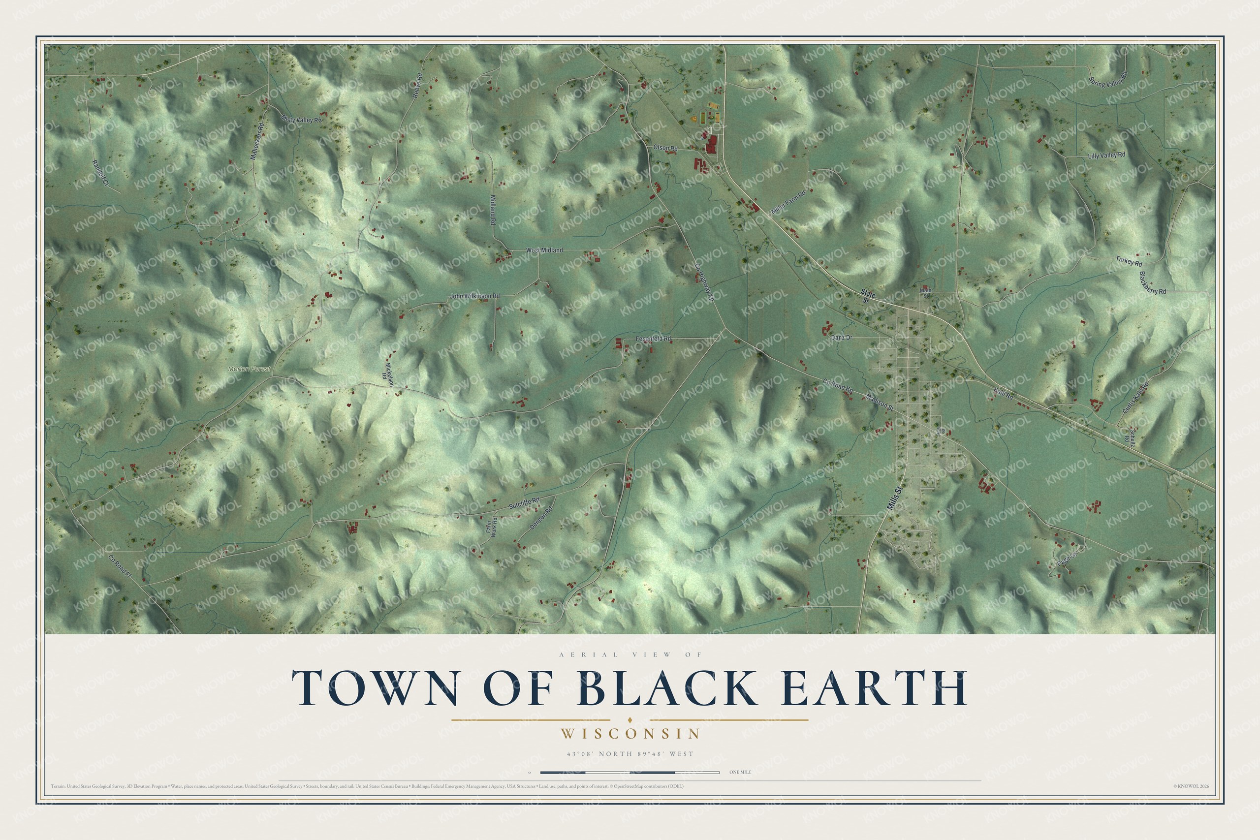 Full map of Black Earth, Wisconsin, with red buildings, printed street names and the land around them