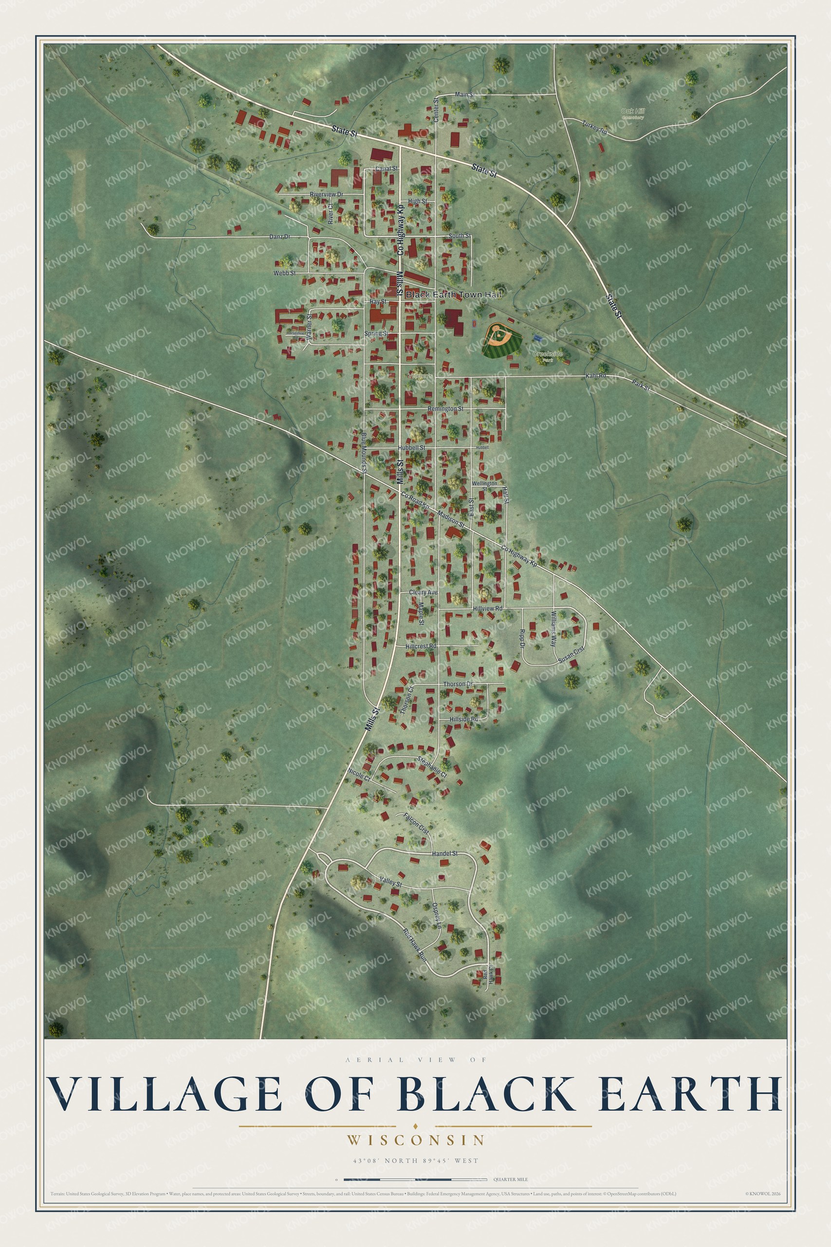Full map of Black Earth, Wisconsin, with red buildings, printed street names and the land around them
