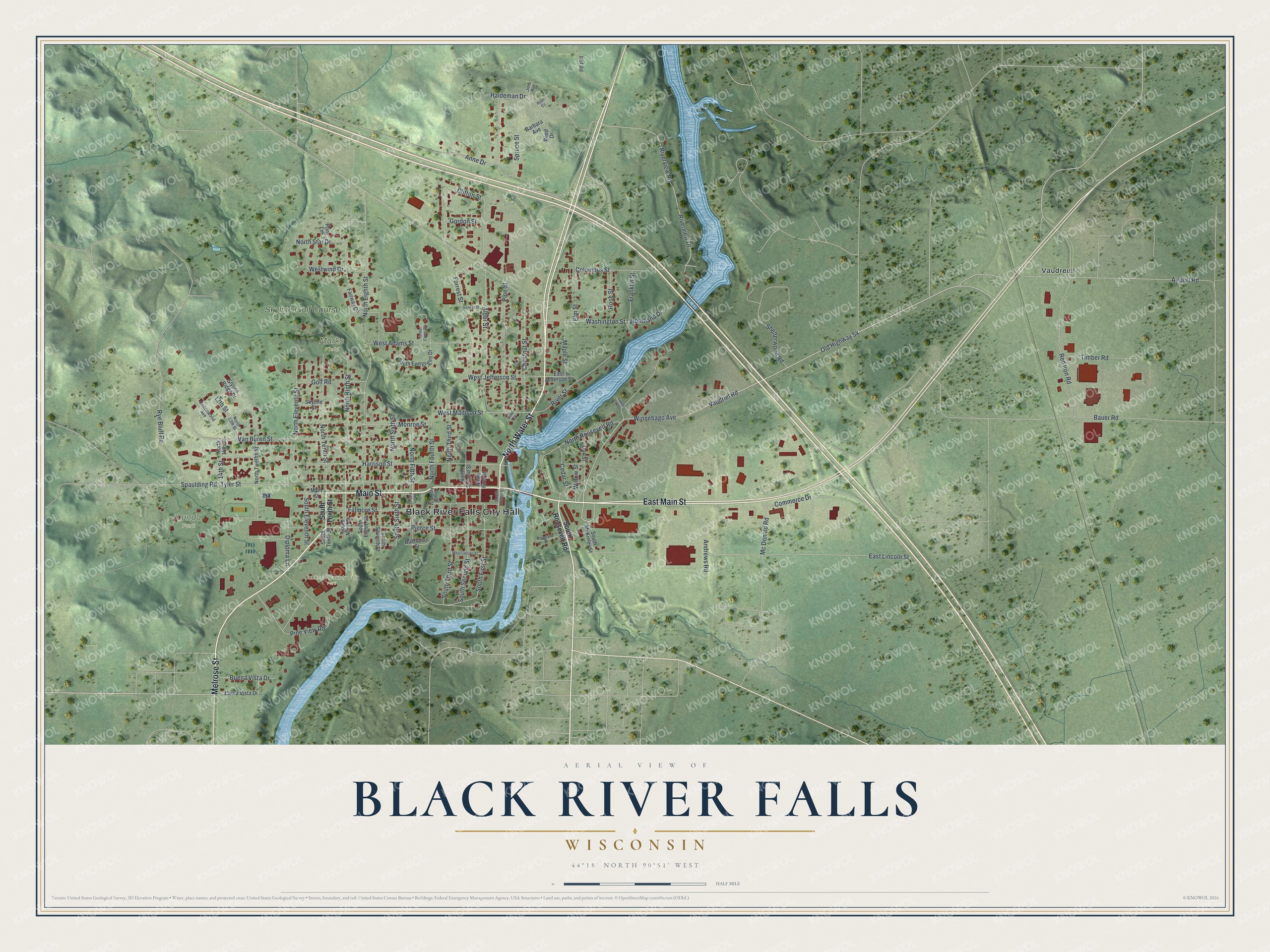 Full map of Black River Falls, Wisconsin, with red buildings, printed street names and the land around them
