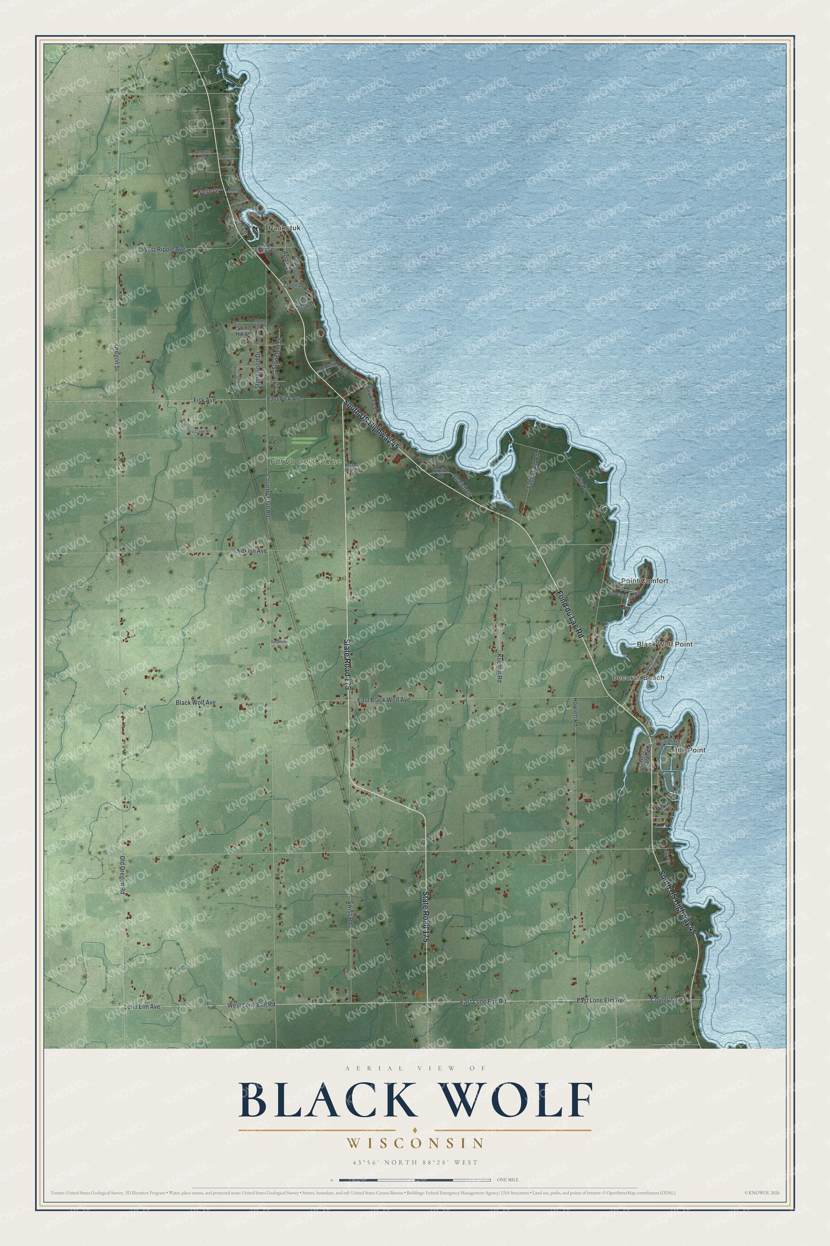 Full map of Black Wolf, Wisconsin, with red buildings, printed street names and the land around them