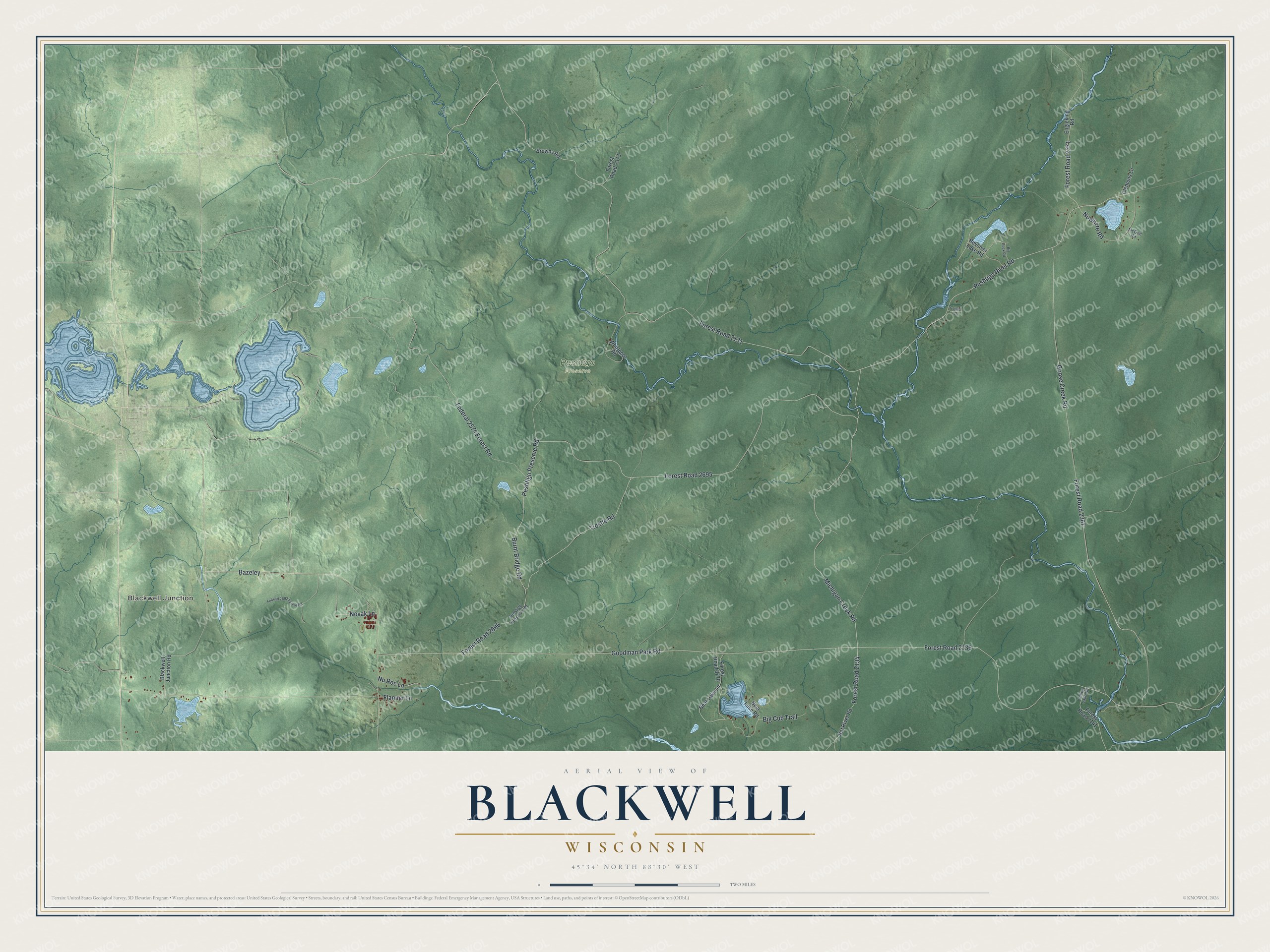 Full map of Blackwell, Wisconsin, with red buildings, printed street names and the land around them