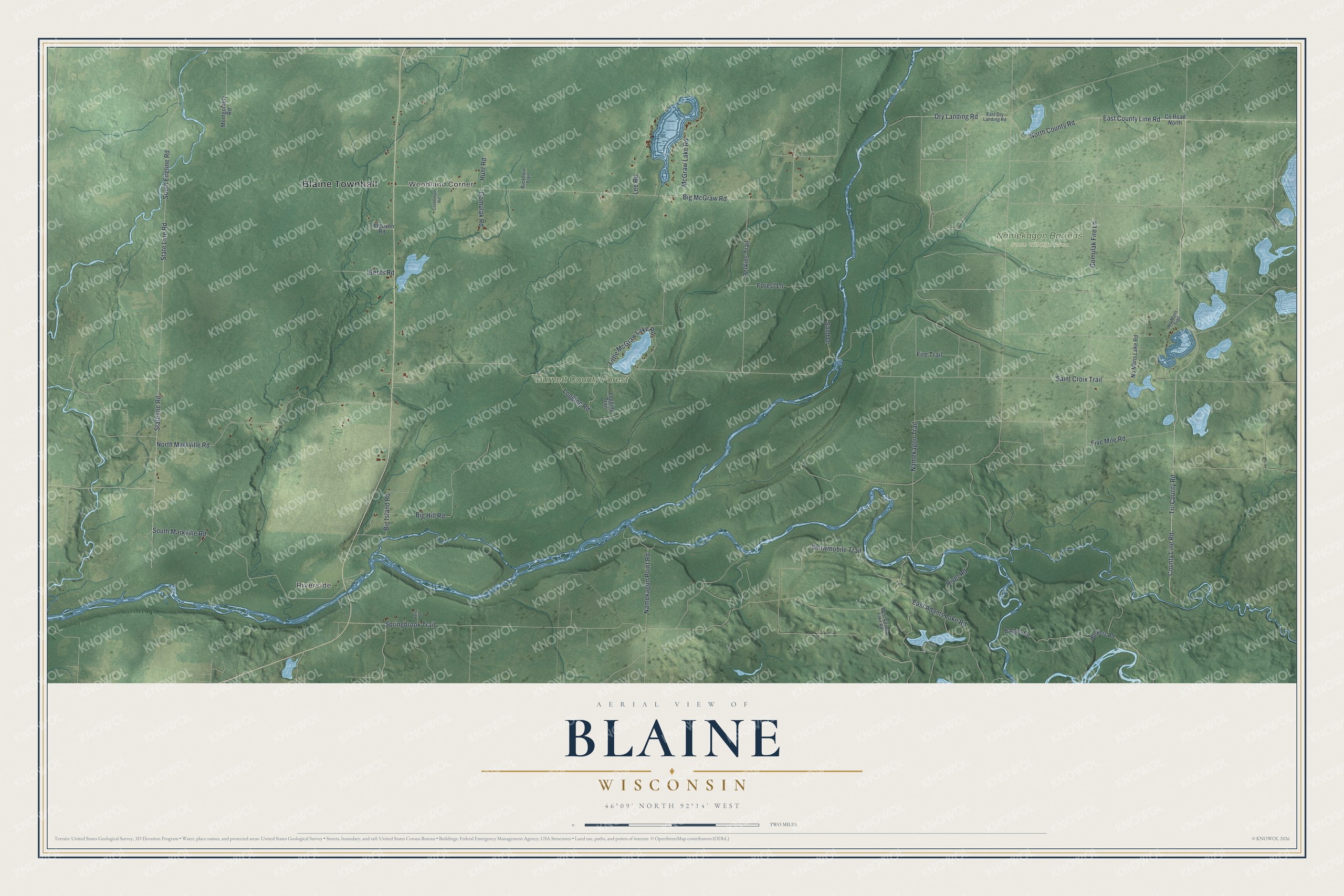 Full map of Blaine, Wisconsin, with red buildings, printed street names and the land around them