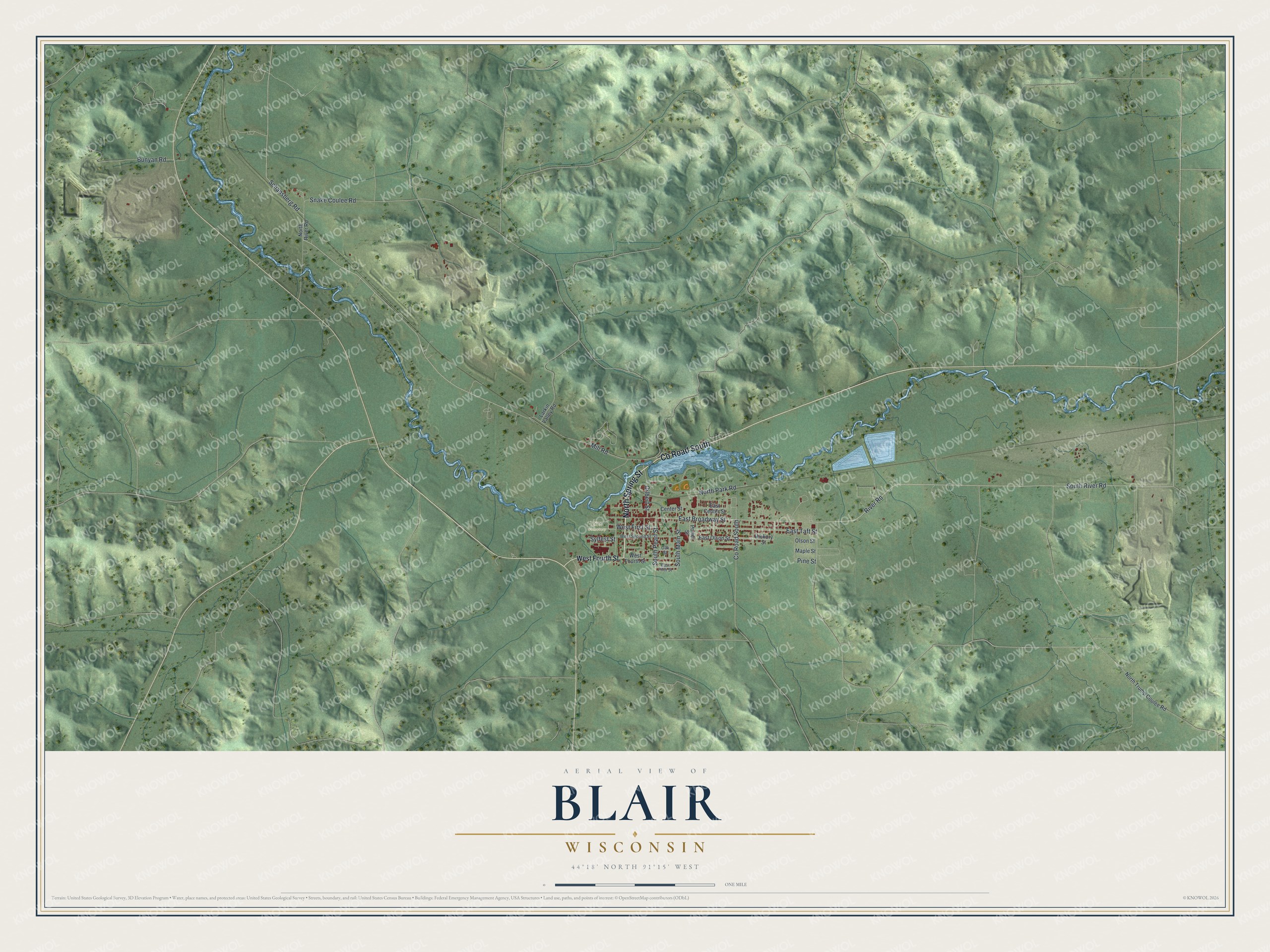Full map of Blair, Wisconsin, with red buildings, printed street names and the land around them